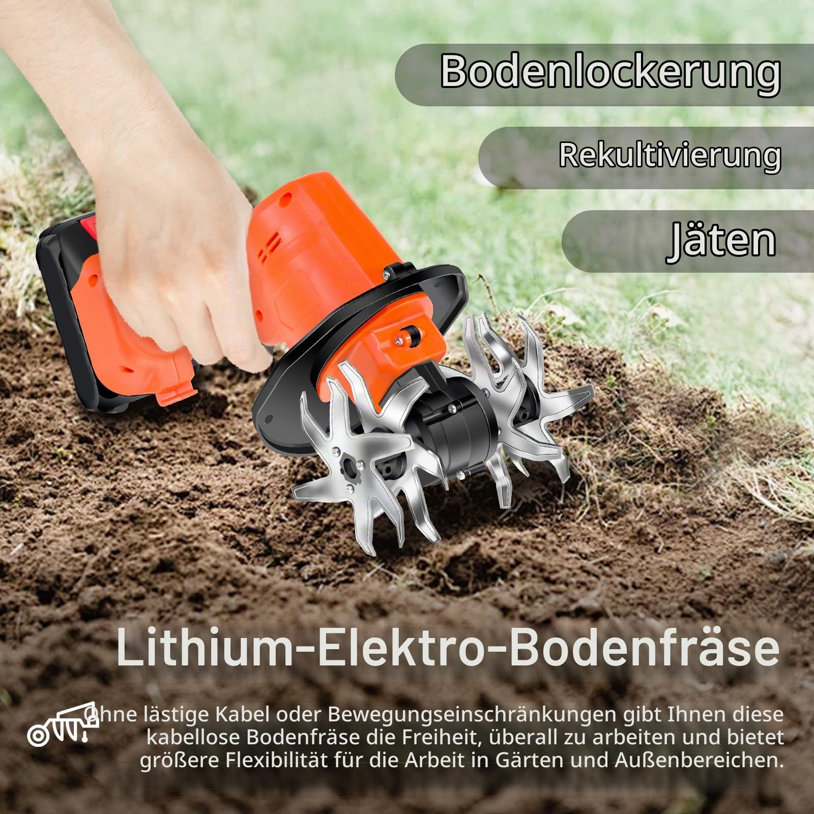 Motorhacke, 21V Akku-Bodenhacke mit 2X 3000 MAh Akuus, Akkubetriebene Gartenfräse Drahtloser Ruderkultivierer für Rasenbodenanbau und Unkraut