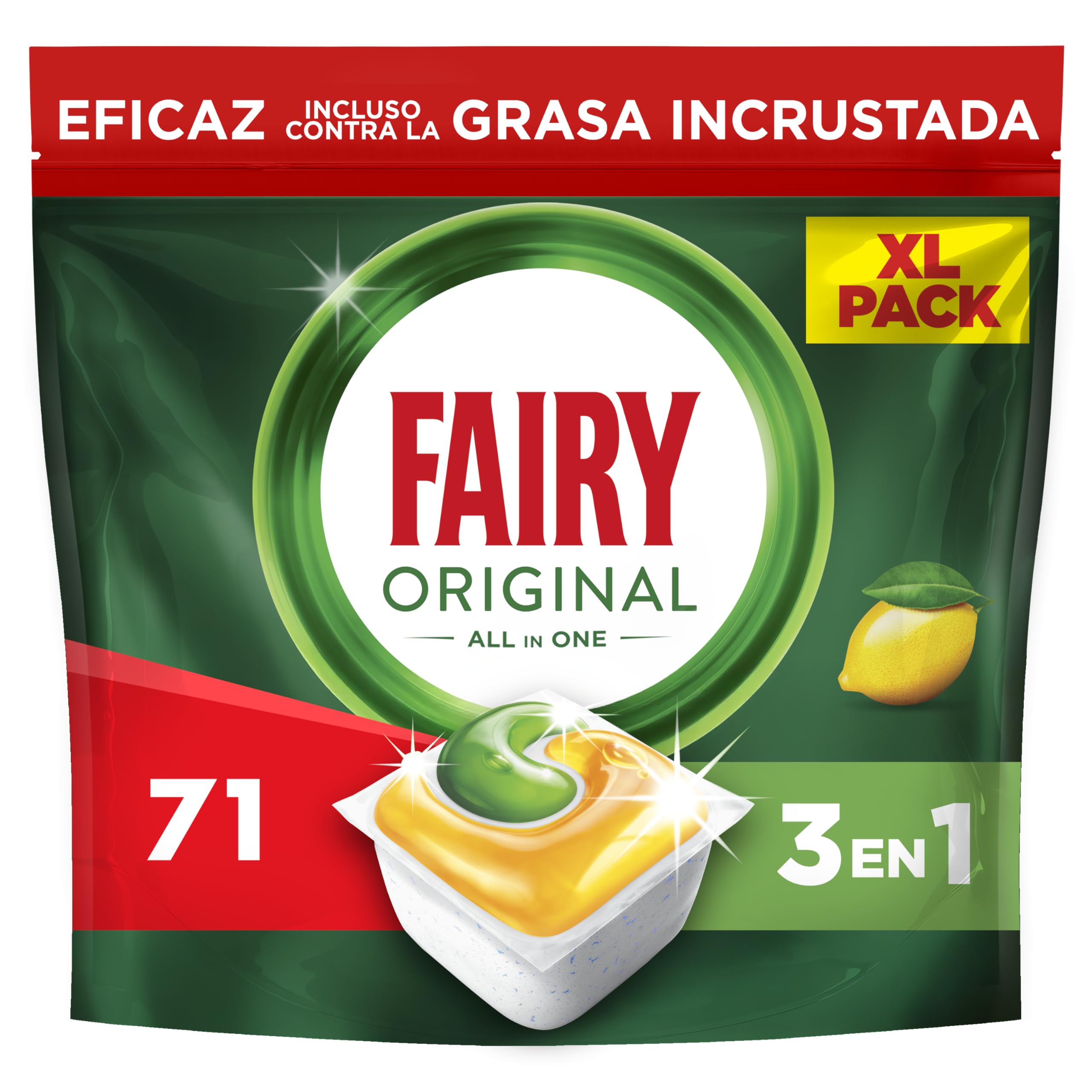 Fairy Original Todo En Uno Cápsulas De Lavavajillas, Limón, 71 Cápsulas, Efectivas Incluso En La Grasa Reseca