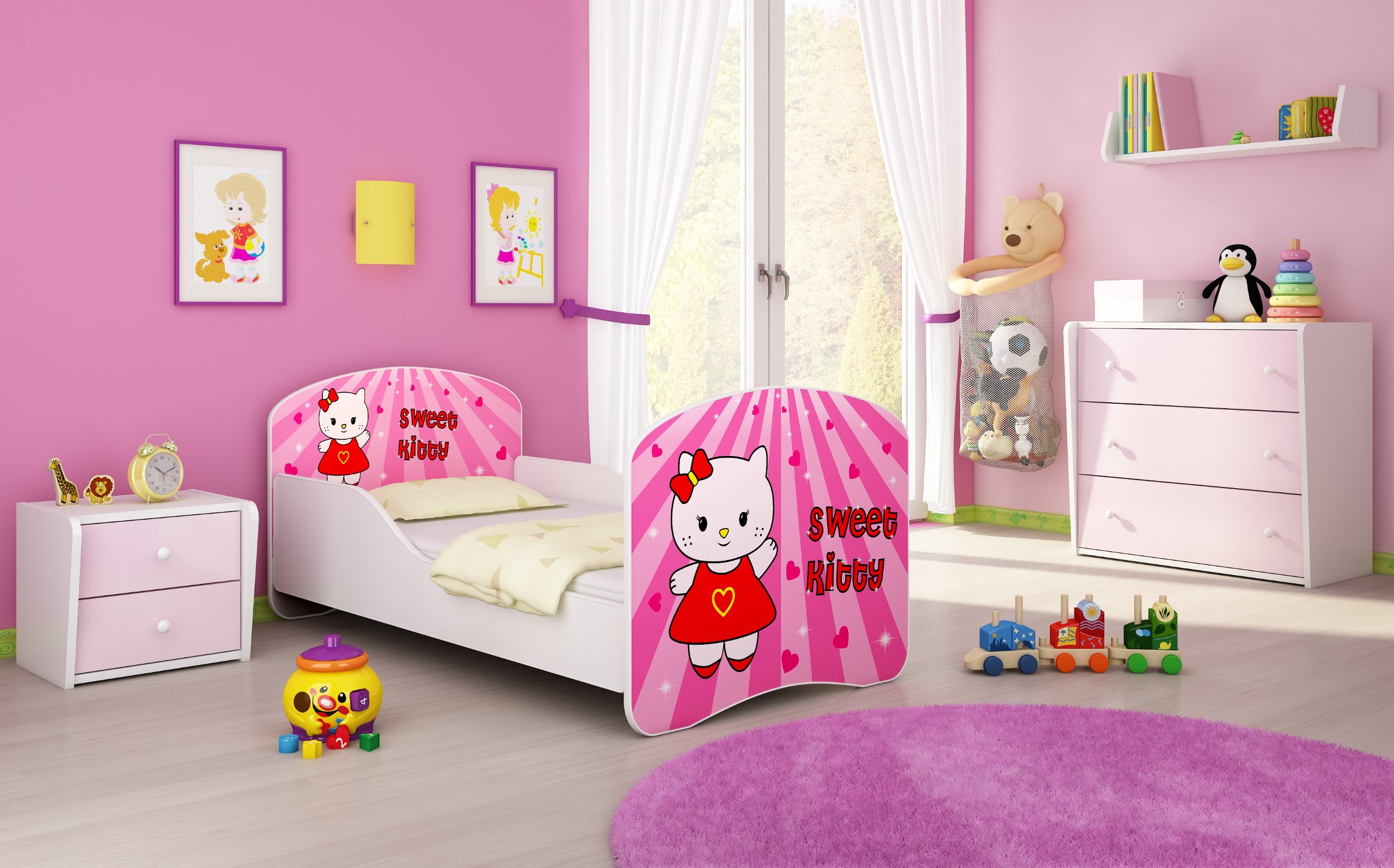 Clamaro Motyw "Traumland" łóżko dziecięce 70 x 140 cm z materacem i stelażem, listwami ochronnymi i ochroną przed wypadnięciem, motyw: 15 - motyw Sweet Kitty