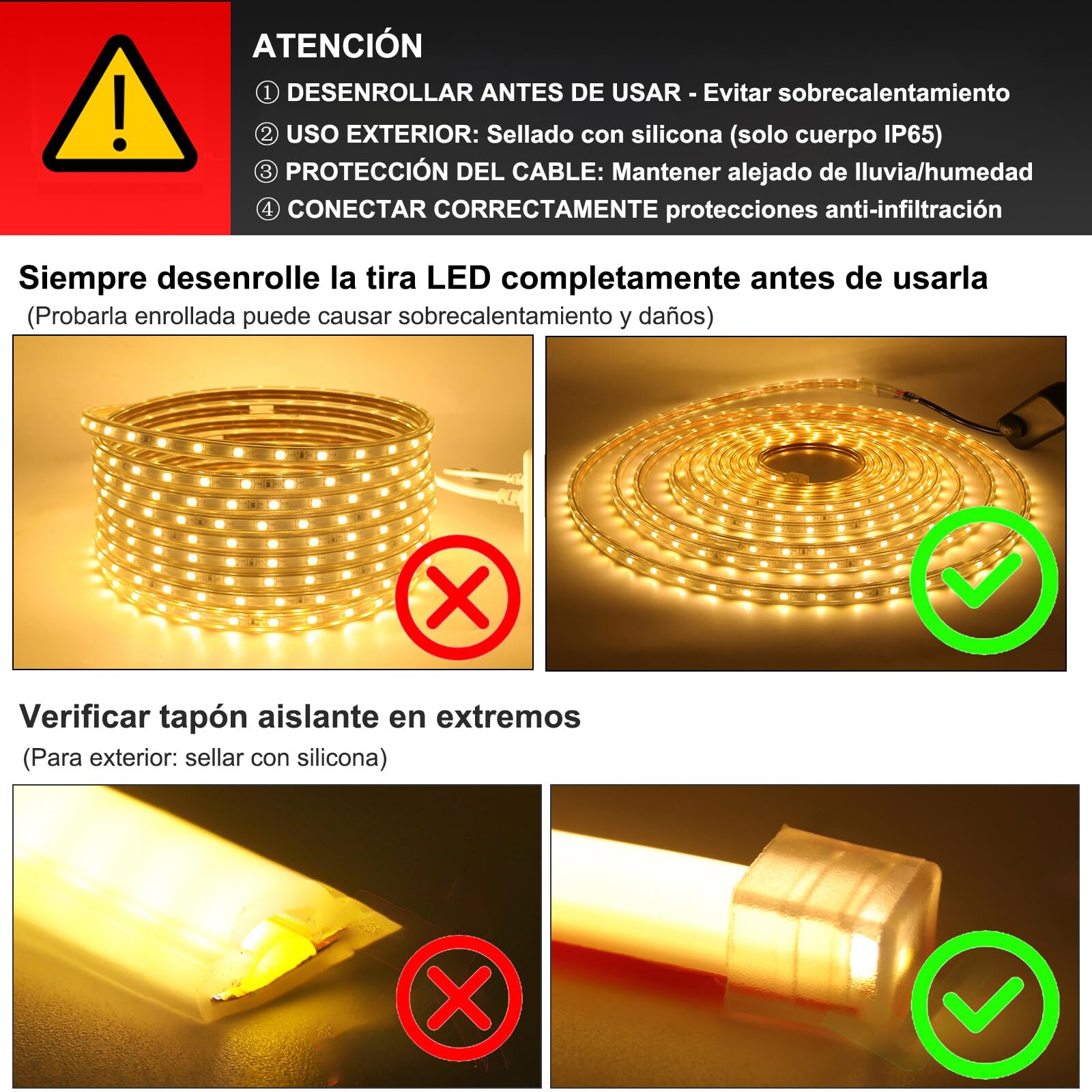 XUNATA 50m 220V Tira LED, SMD 2835 120 LEDs/m, Cortable Cada 20cm, IP65 Impermeable para Escalera, Techo, Cocina– Blanco Cálido