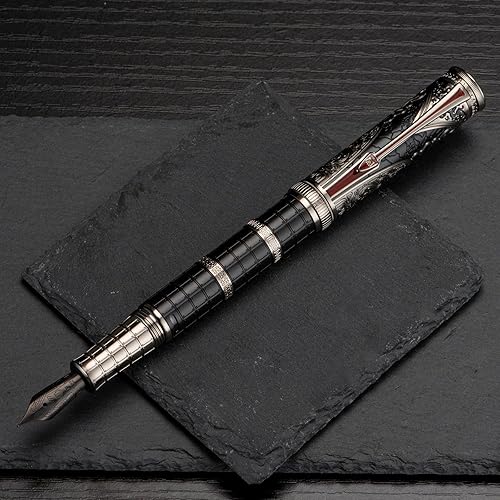 Miniatura 6 de Hongdian D5 Qin Dynasty - Pluma estilográfica negra y plateada, pluma de llenado de pistón de punta extrafina, grabado de tótem chino retro,