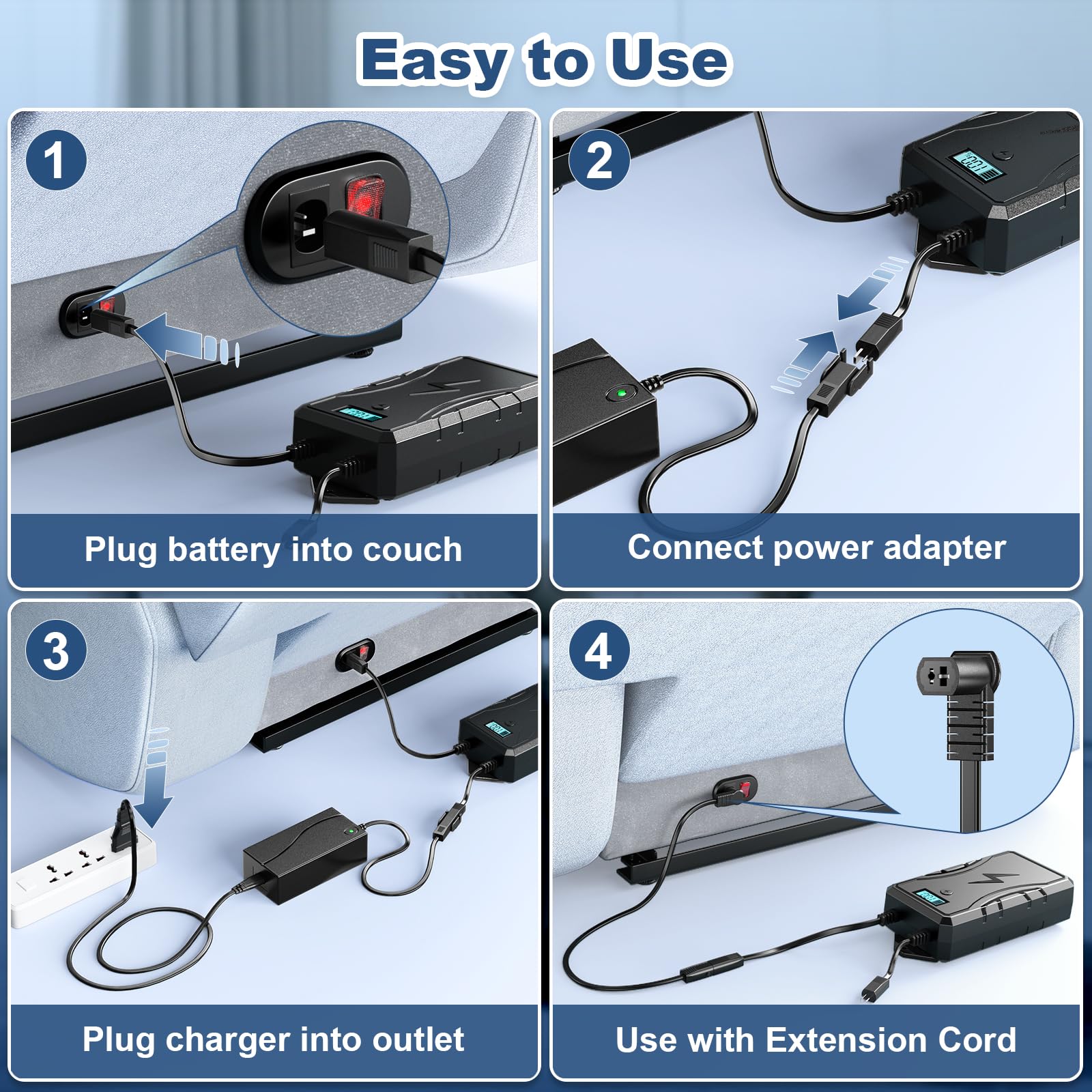 Batterie pour Meubles Inclinables, 2500mAh Rechargeable sans Fil Universel 2 Broches Affichage LED pour Meubles Inclinables/Canapé/Fauteuil élévateur avec Chargeur 29V 2A Rallonge 1M