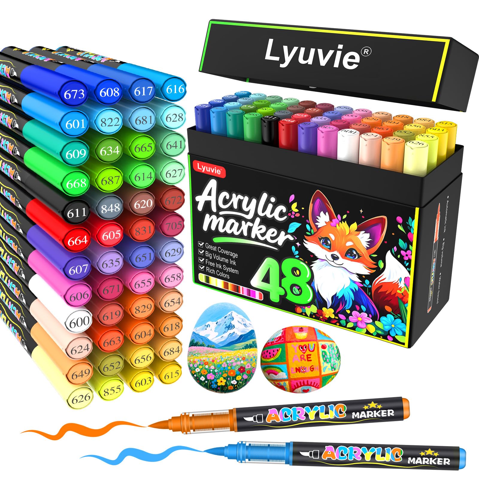 Lyuvie 48 Colores Rotuladores Acrilicos con Pincel a Base de Agua, Permanentes Acrylic Brush Markers para Pintar Piedras,Tela,Papel, Guijarros,Madera,Vidrio y Plástico Global Recycled Standard Global Recycled Standard Global Recycled Standard