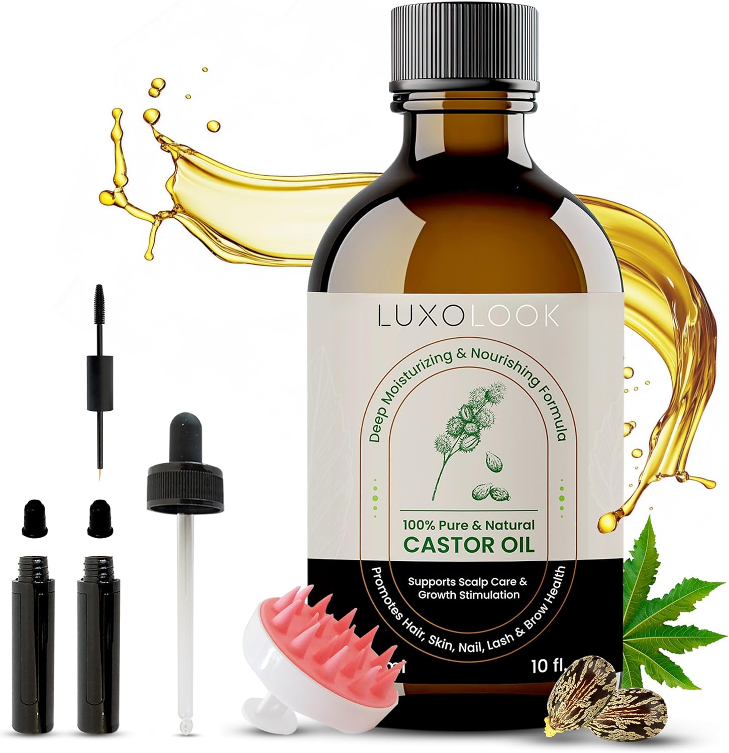 Pure Castor Oil - Cold Pressed 100% Castor Oil for Hair Growth, Skin, Eyebrows, Eye Lashes, Nails & Cuticles - Hexane Free, Natural & Unrefined - Includes Dual Mascara, Dropper & Scalp Massager - Image 2