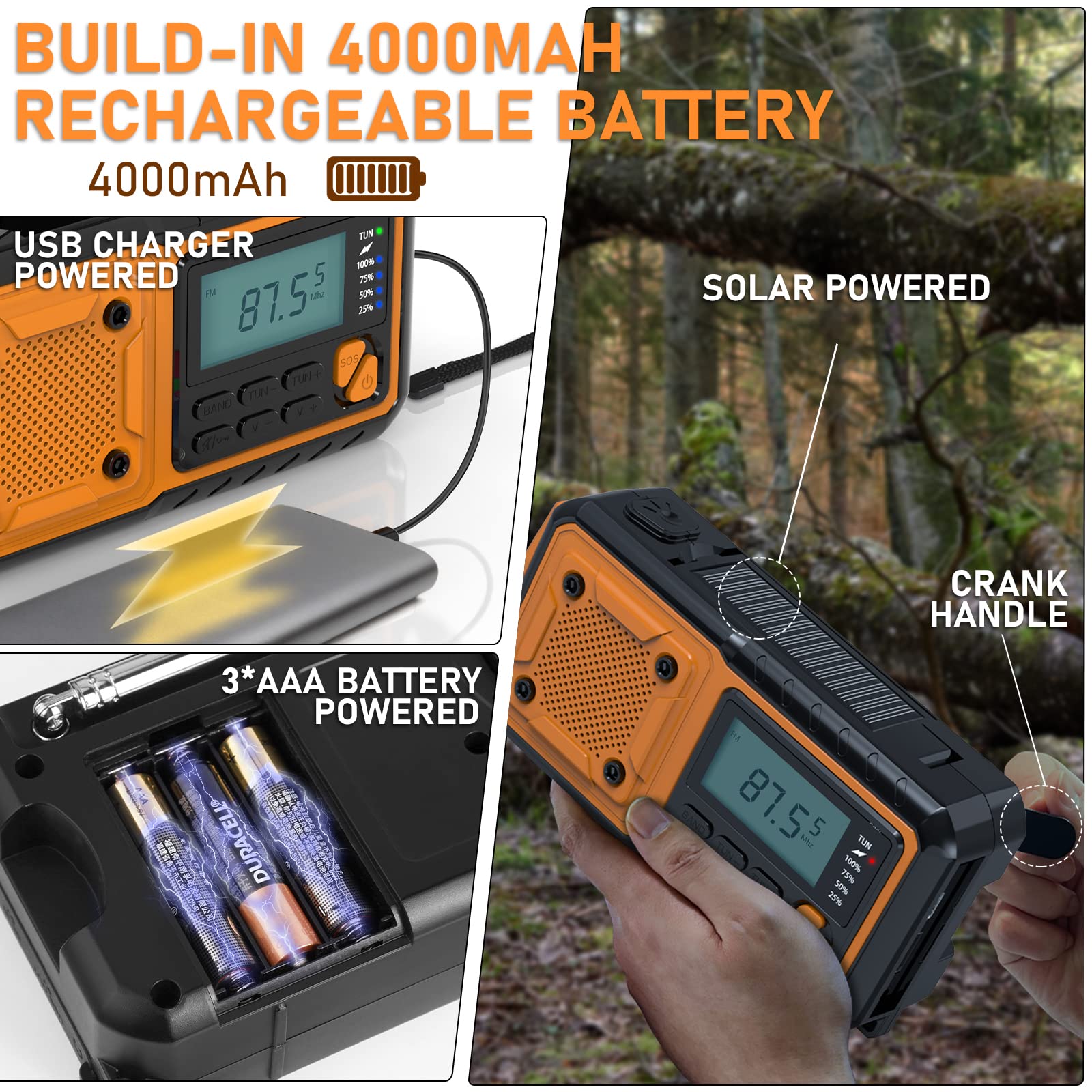 Tendak Radio korbowe z funkcją ładowania telefonu komórkowego, radio awaryjne FM AM SW o pojemności 4000 mAh, możliwość ponownego ładowania, alarm SOS, latarka i lampka do czytania, radio solarne na