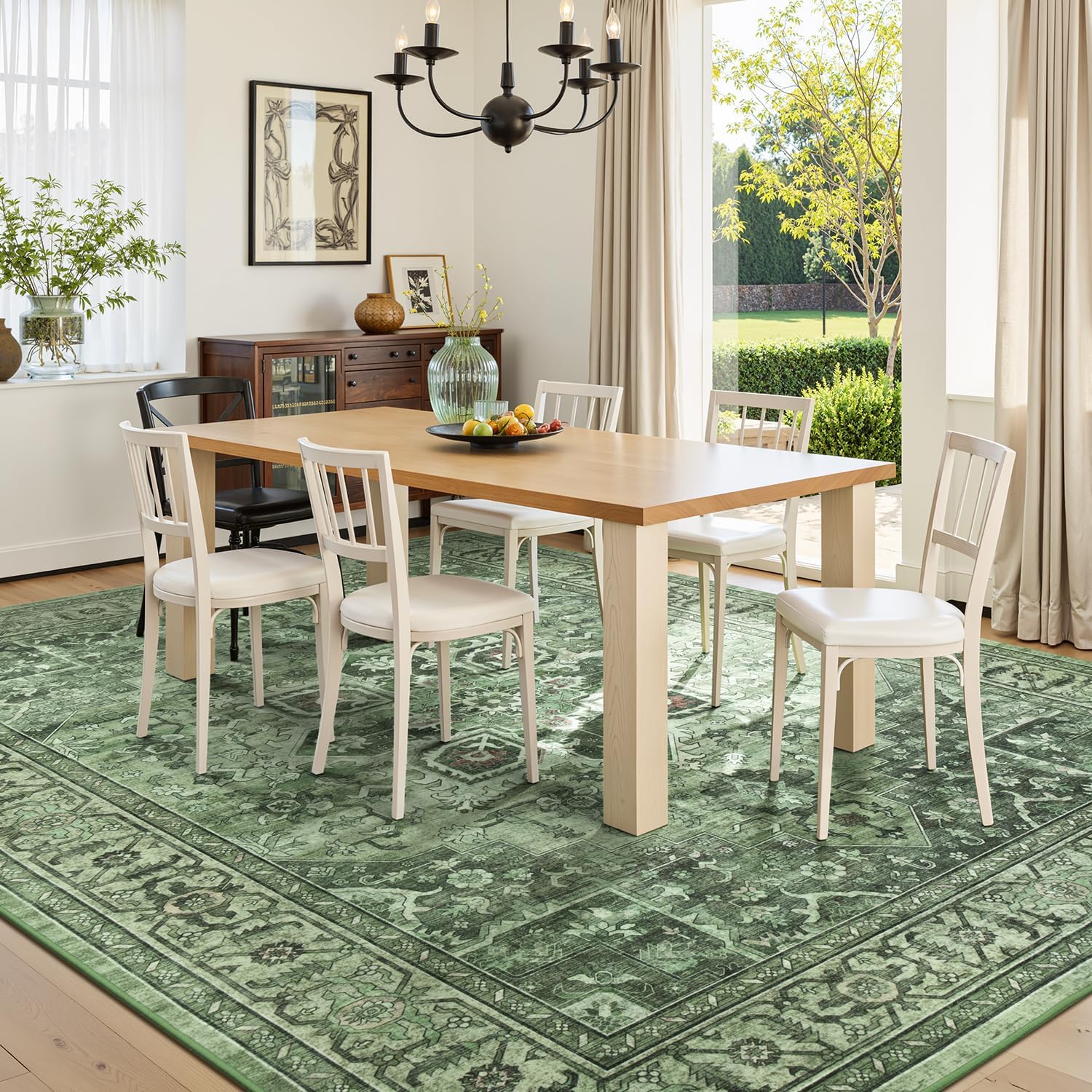 Sage Green 8x10 Vintage Large Area Rugs for Living Room - Farmhouse Boho Floral Aesthetic Distressed Moss Green Carpet, Soft Washable Low Pile Non-Slip Medallion Rug for Dining Room, Bedroom