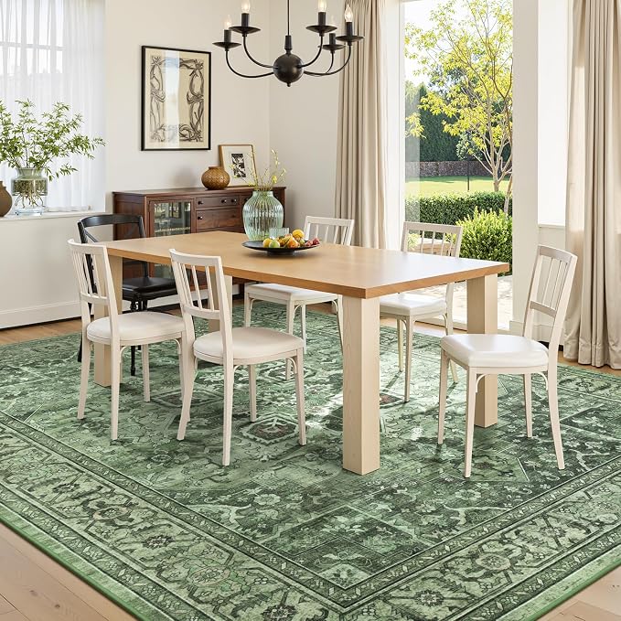 Alfombra grande vintage de área en verde salvia para sala de estar - estilo boho rústico floral desgastado, lavable, antideslizante, bajo pelo, medallón miniatura 4