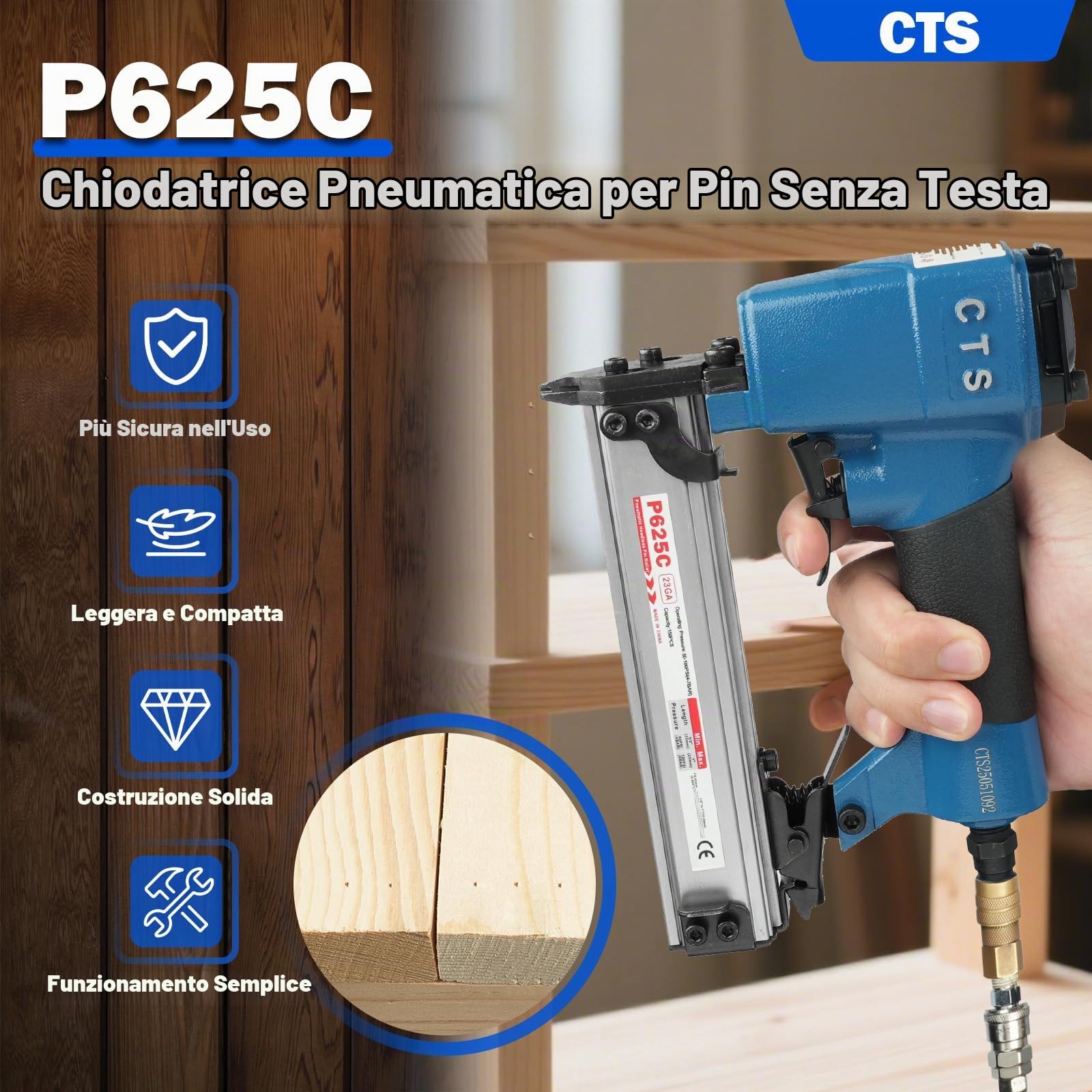 P625C Chiodatrice pneumatica 23GA 12-25mm sicurezza per falegnameria-mobili | Punta snella e precisa. 0,9kg leggera. Caricatore 150 chiodi. Impugnatura gommata. Per armadi, finestre, porte e decorazioni