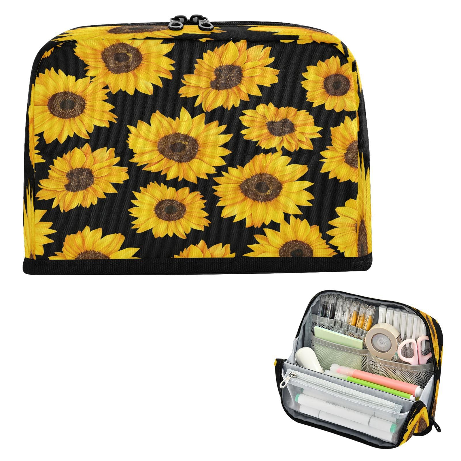 Gravopti Sunflower Black Pencil Case Organizer, Large Capacity Stand-Up Pen Pouch with 3 Compartments, Foldable Makeup Bag for School Office Travel