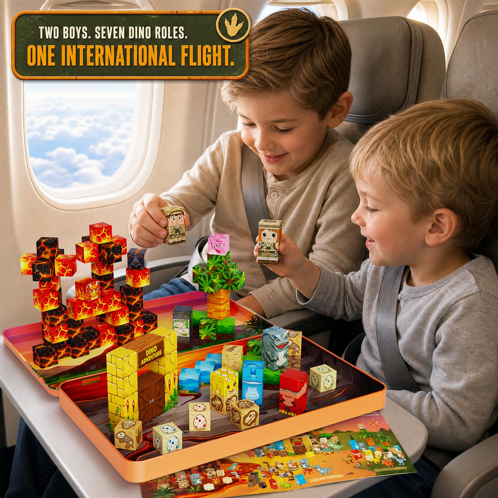 Set di 100 pezzi di blocchi magnetici dinosauri – 90+ minuti di intrattenimento per giochi di gruppo (bambini dai 3 agli 8 anni) – giocattoli da viaggio silenziosi per auto, aereo e ristorante