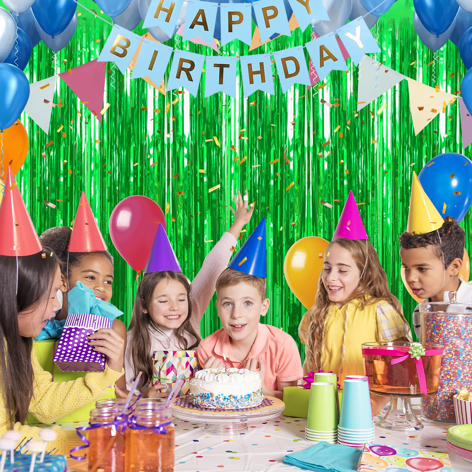 Crosize Confezione da 8 tende con frange in lamina verde da 1 x 3 m, decorazioni per feste, sfondo per feste, stelle filanti glitterate per decorazioni di compleanno