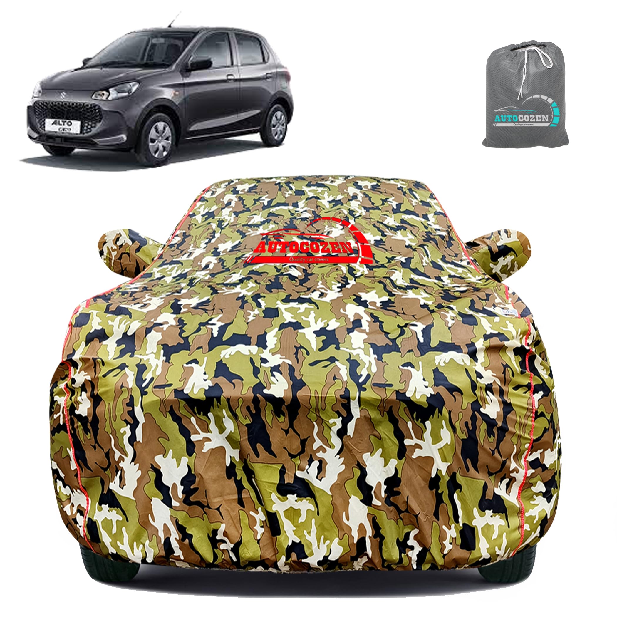 AUTOCOZEN All-Weather Car Cover for Maruti Suzuki Alto K10 | 100% Waterproof, Anti-Dust & Uv Protection | Heavy-Duty Triple Stitched with Elastic Grip | Mirror & Antenna Pocket | Military Camouflage
