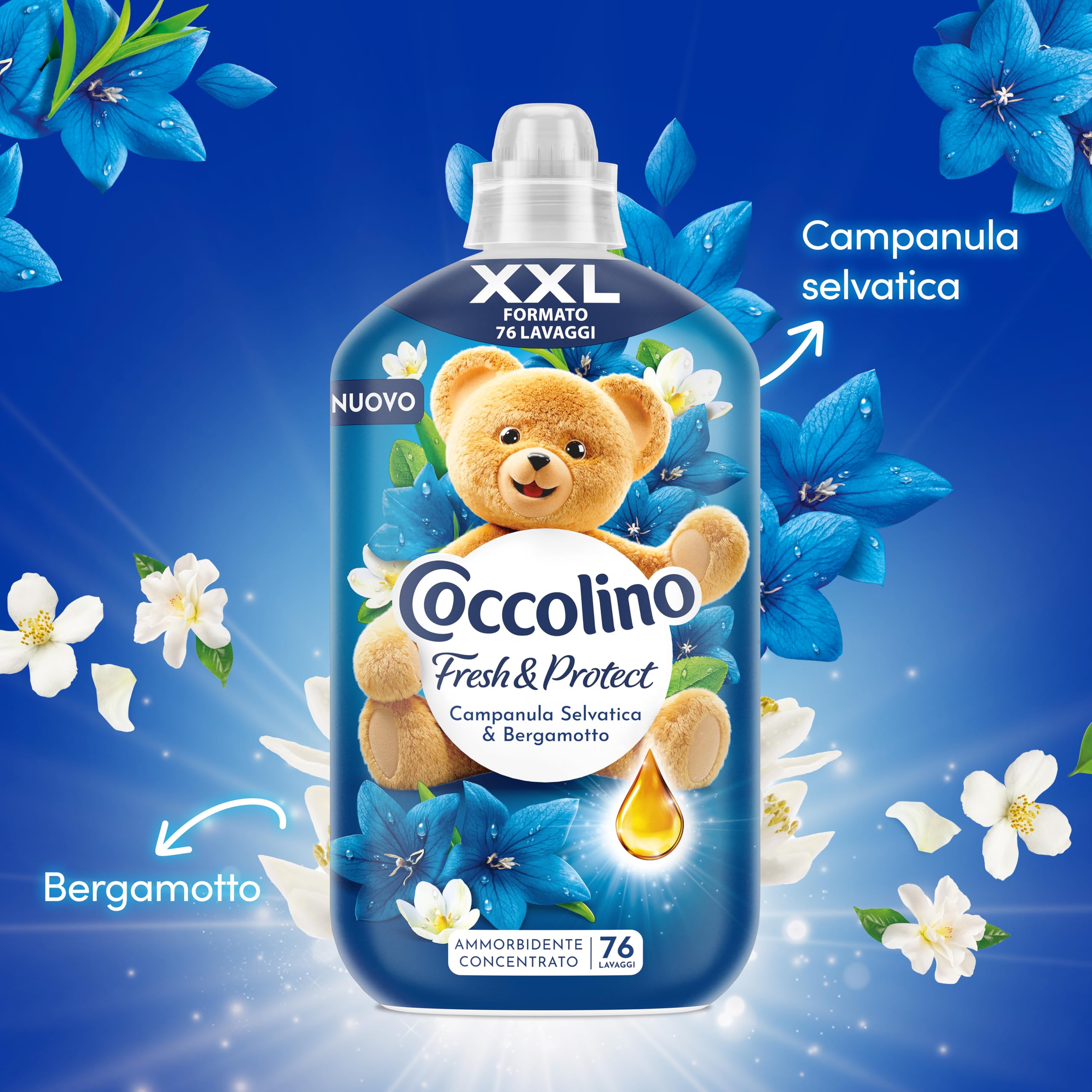 Coccolino Weichspülerkonzentrat Wilde Glockenblume und Bergamotte, Weichspüler Intense Care mit Pro-Faser-Technologie, XXL-Format 456 Waschgänge, 6 Stück à 1750 ml