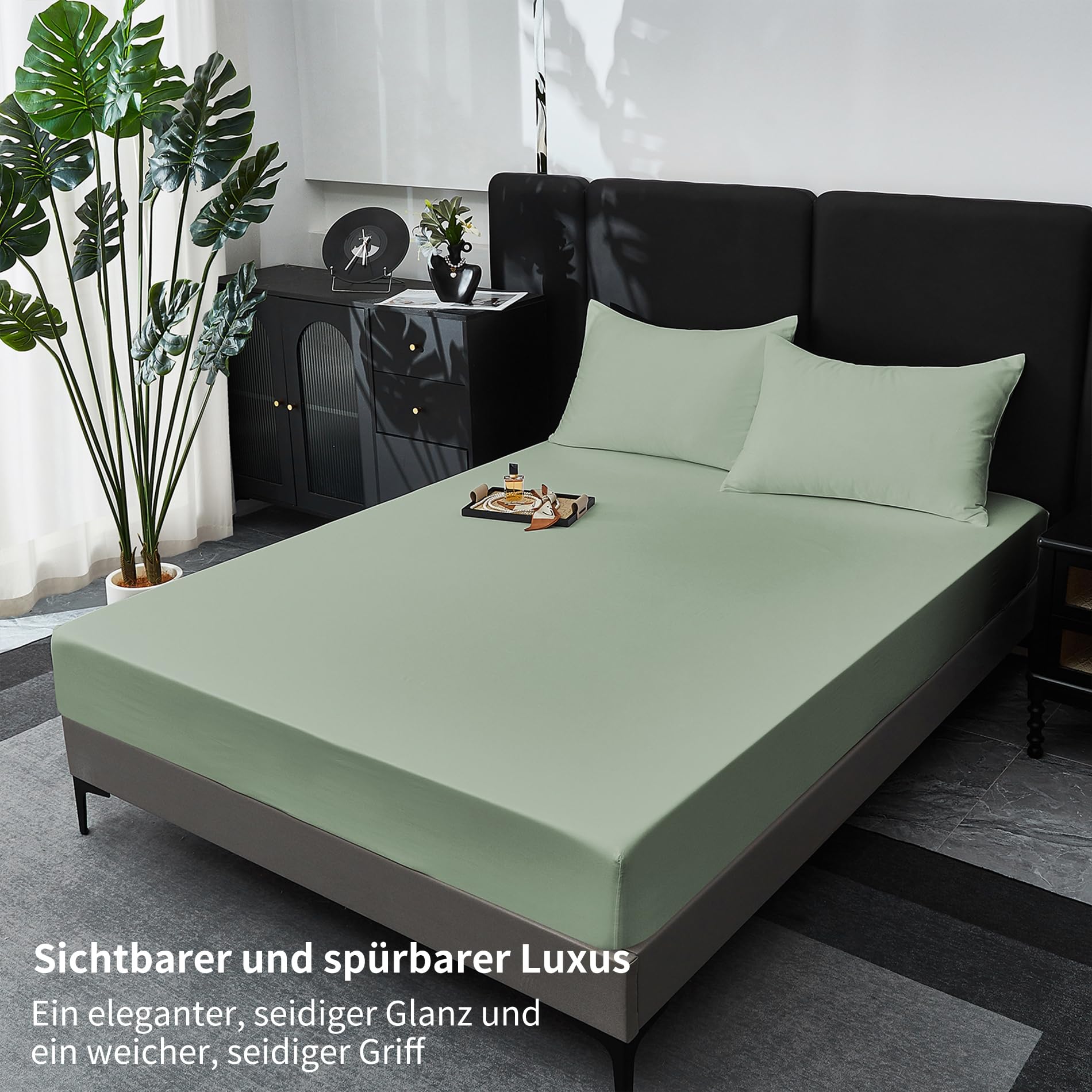 Spannbettlaken 180x200cm Baumwolle Satin Salbeigrün Bettlaken 180x200 100% Langstapelige Baumwolle Kühlend Weich Atmungsaktiv Mako Satin Spannbettlaken Boxspringbett Geeignet für 30cm Matratze