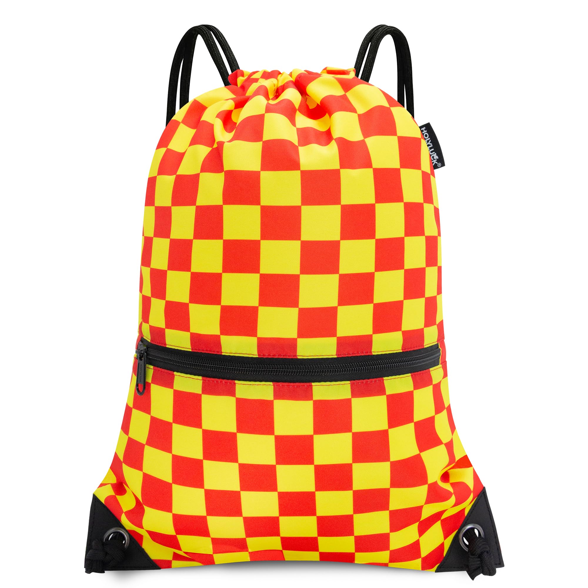 HOLYLUCK Drawstring Backpack Bag Sport Gym Sackpack, Yellow Red Grid, One Size, Sport