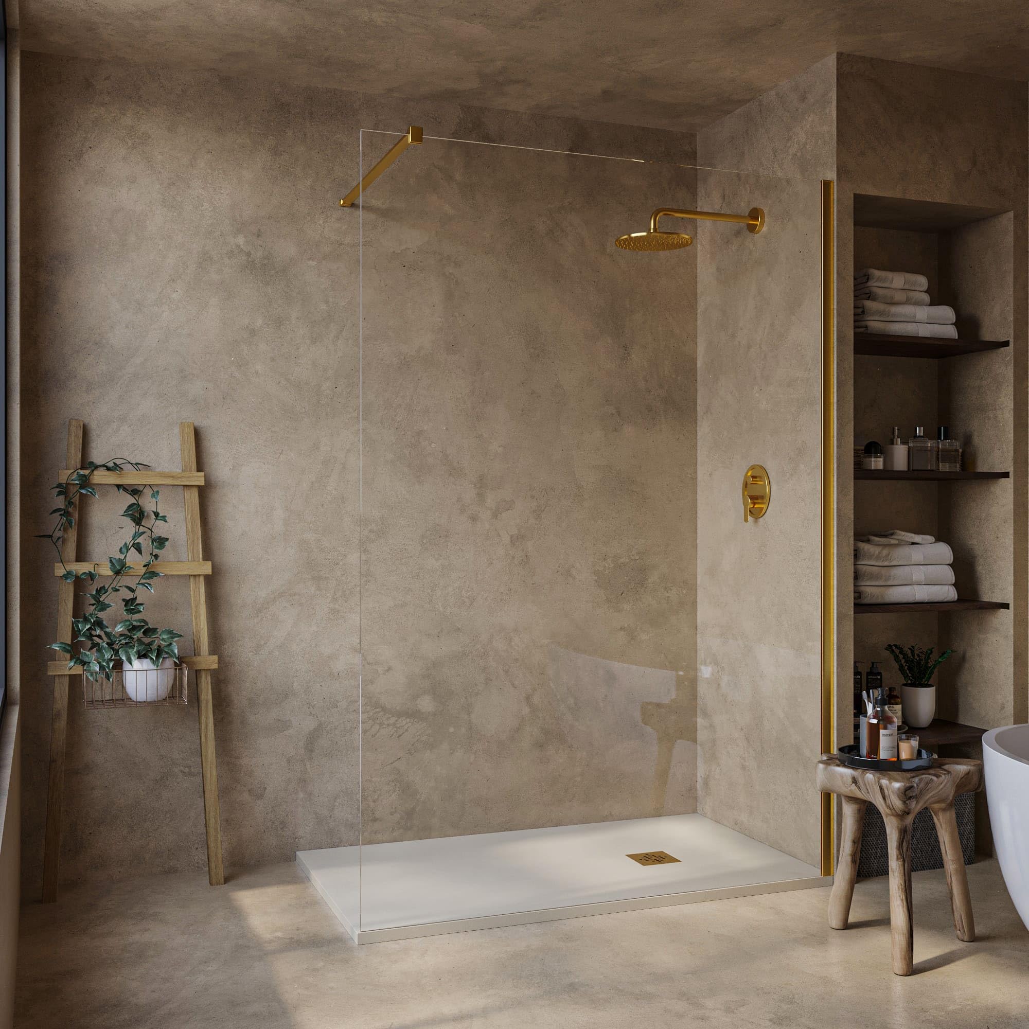 SOULHOME Brodzik prysznicowy– Żywica– Gel Coat– Gładki Jedwab tekstura – Antypoślizgowy – Kolor intensywnie kremowy – 100x100- Niski 3 cm– Z dodatkowym syfonem – Ruszt Złoty