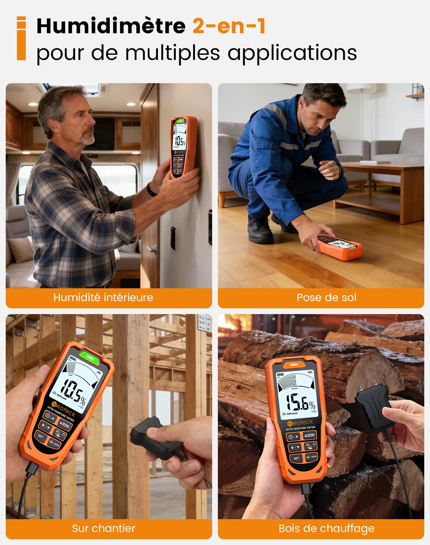 Neoteck Humidimètre 2-en-1 Sans-Pointe & à Sonde – Détecteur d’Humidité Mur & Bois, Écran LCD Couleur, Alerte Sonore/Visuelle, Mesure Placo, Béton, Plâtre, Screed pour Diagnostic Maison