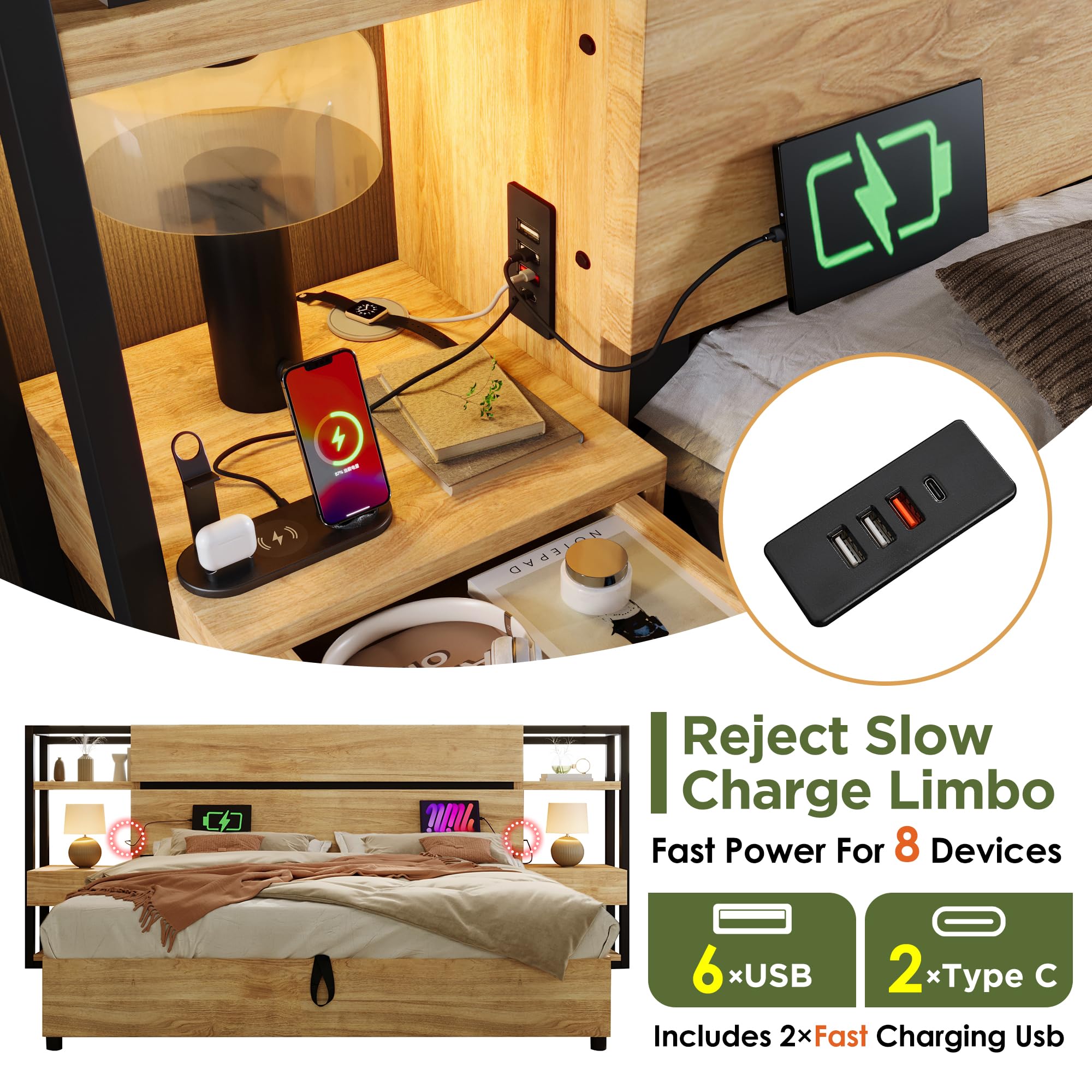 Letto matrimoniale in legno, struttura letto 160x200cm con spazio di archiviazione idraulico e stazione di ricarica USB-C | Letto in stile industriale con cassetti e comodino | Finitura in