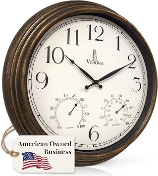 Large Outdoor Patio Clock - Waterproof Thermometer Combo, 18 Inch, Bronze