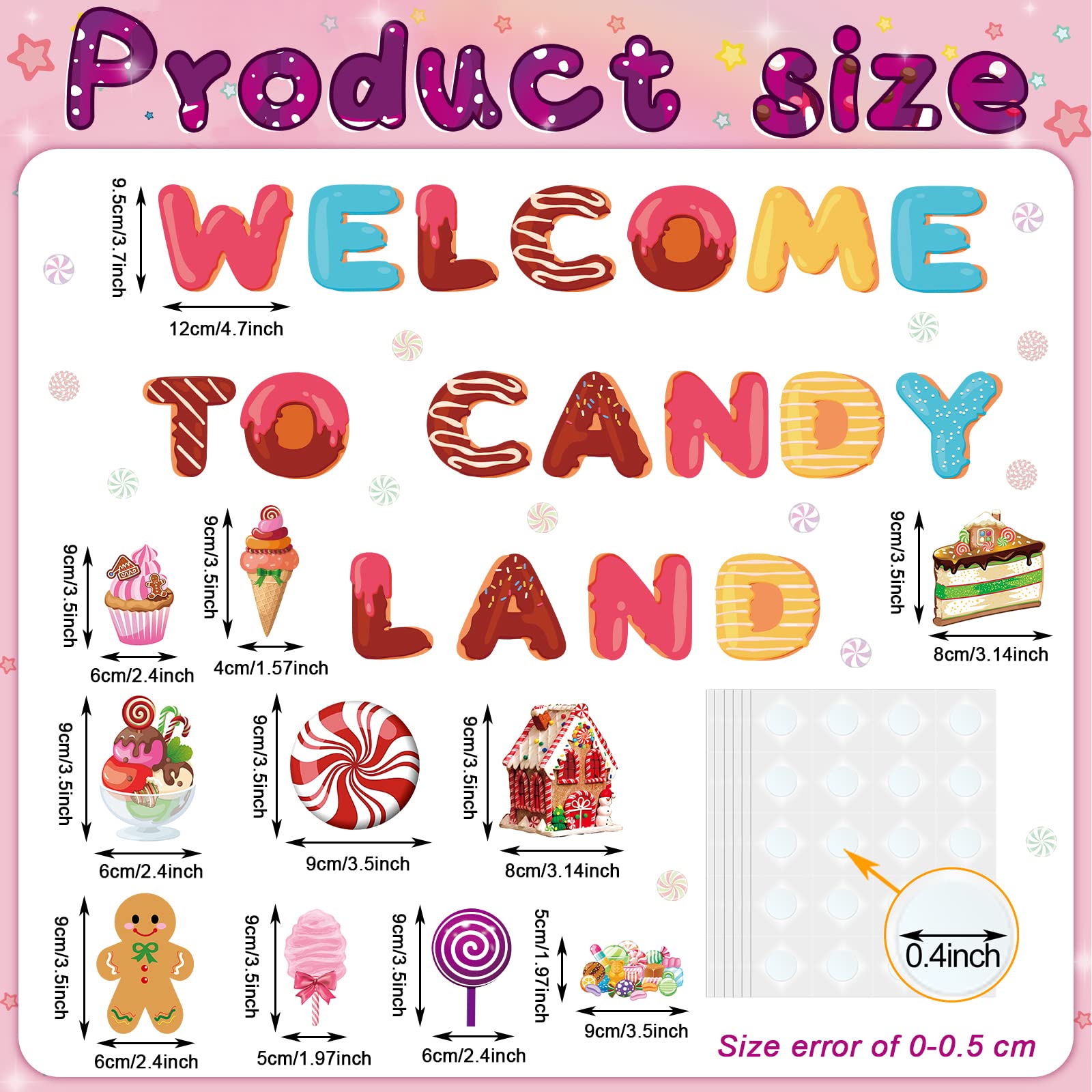 68 Pcs Candy Land Party Classroom Bulletin Border Decoration Christmas Peppermint Round Candy Gingerbread Man House Donut Cutouts Welcome to Candy Land Cutouts for Classroom Wall Decor (Dessert)