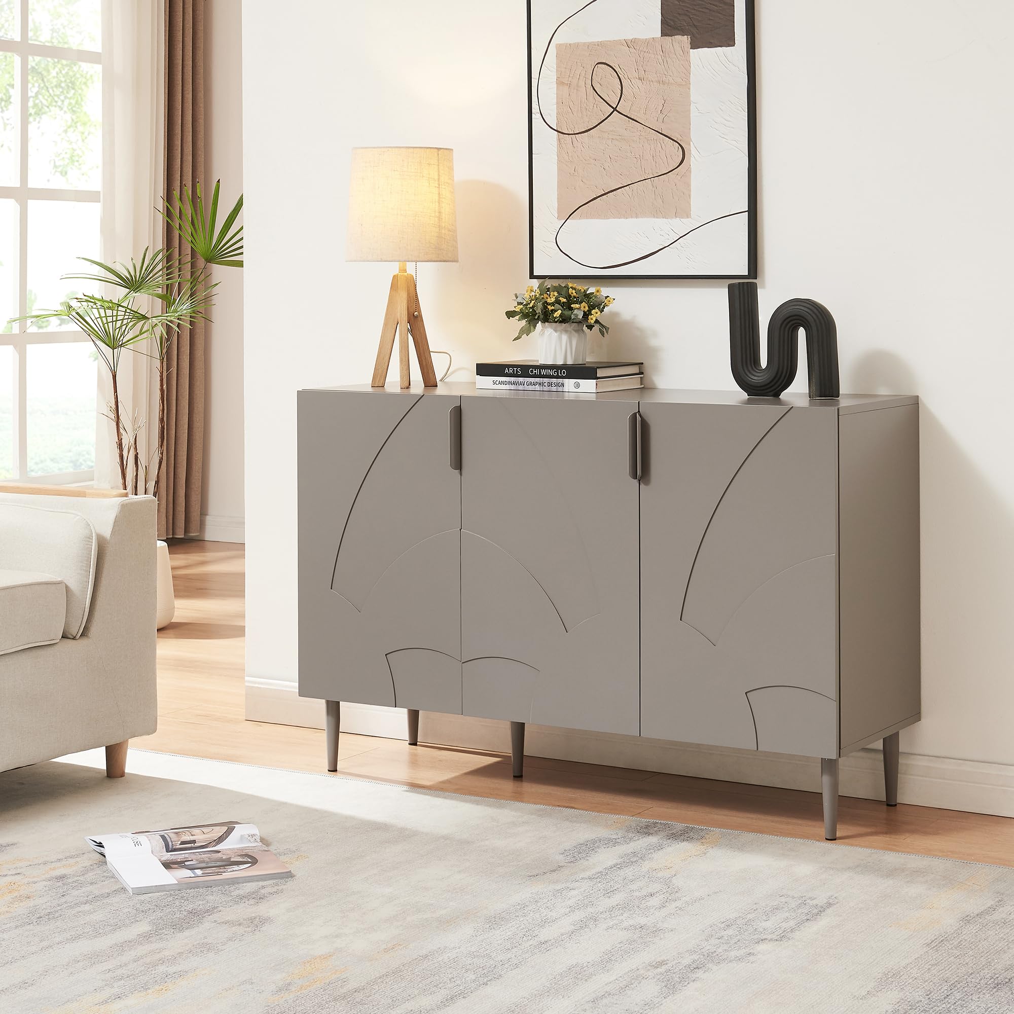 [en.casa] Credenza Bassa con 3 Ante Decorative Madia Moderna Mobile Contenitore per Cucina Soggiorno Sala Pranzo 75 x 115 x 38 cm Grigio