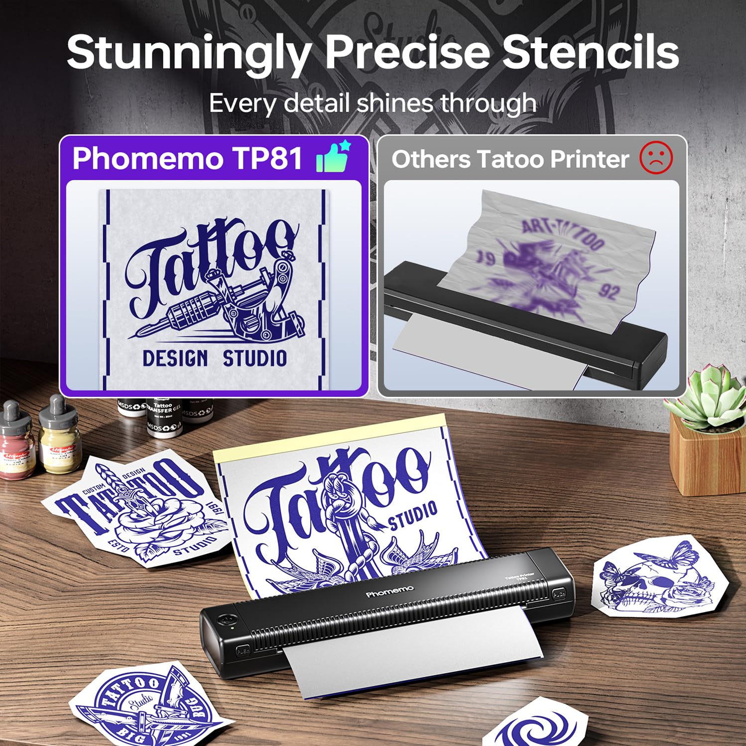 Phomemo Impresora de plantillas de tatuaje actualizada, TP81 impresora de tatuaje Bluetooth con 10 piezas de papel de transferencia, compatible con teléfono/tableta/PC, suministros de tatuaje para