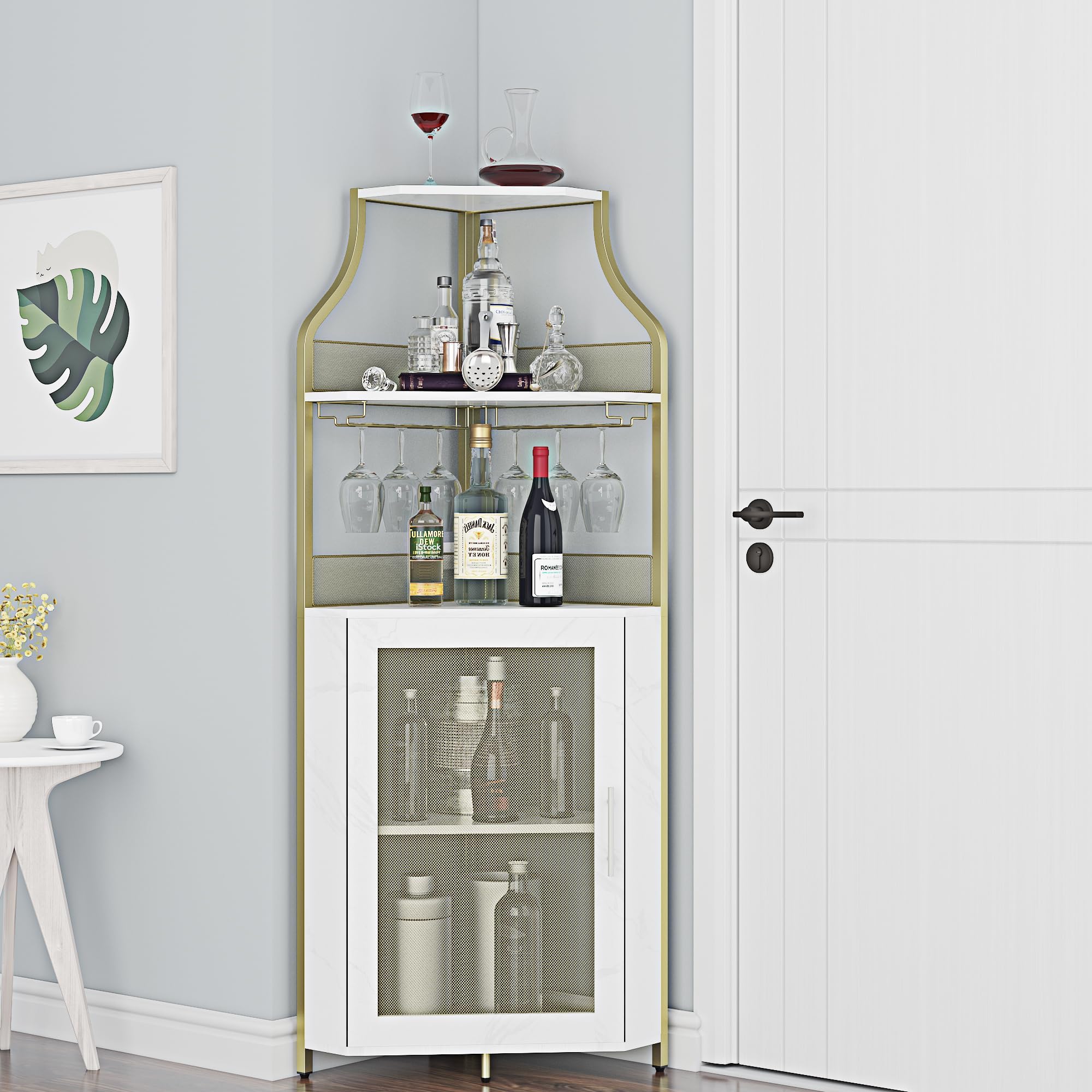 GarveeLife Armoire à Vin d'angle avec Casier à Bouteilles Amovible, Armoire Bar d'angle à 5 Niveaux avec Porte Coulissante Et Porte-Verres, Buffet De Style Fermier Et Bar d'Intérieur, Brun Rustique