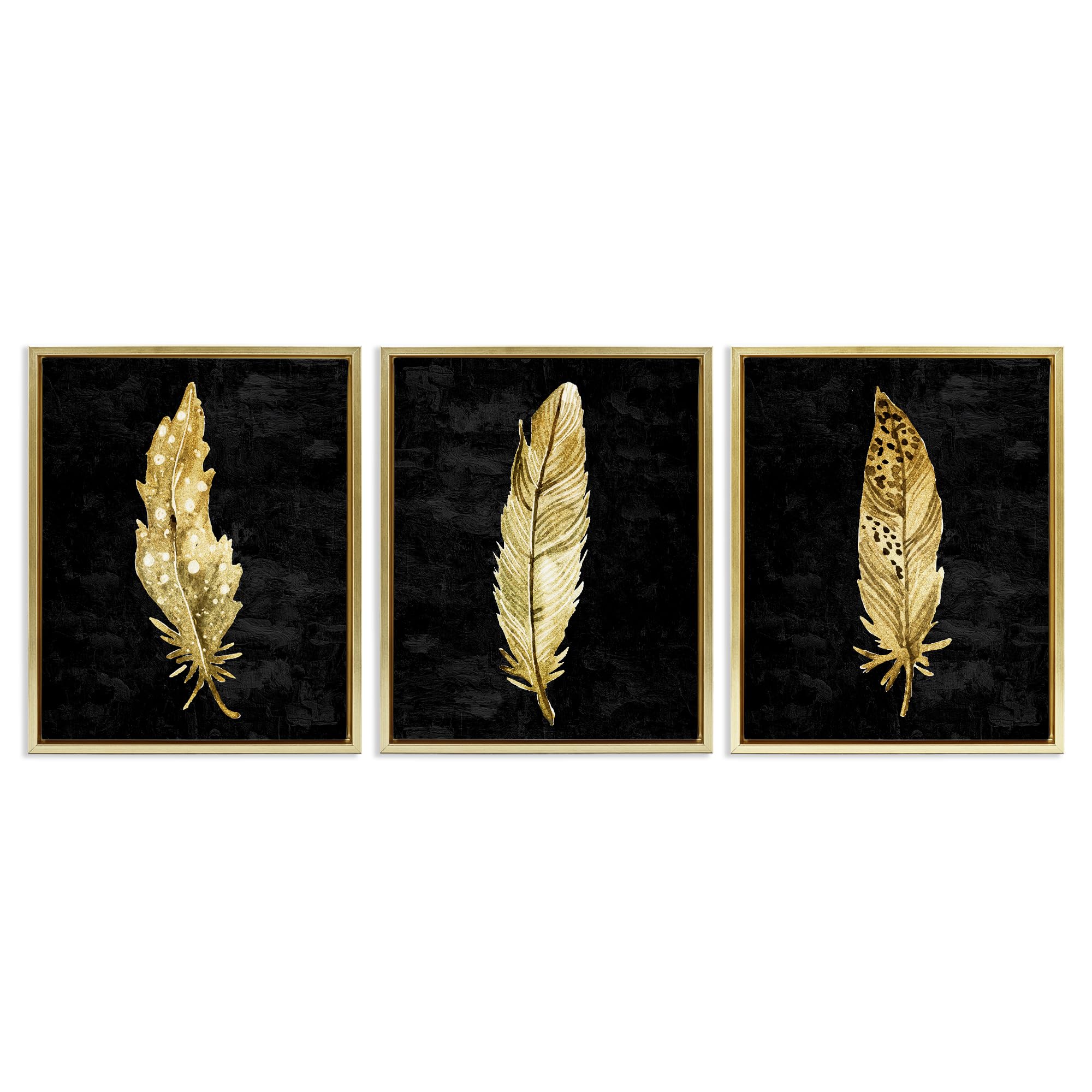 Stupell Industries Black & Gold Feathers 3 Piece Gold Framed Floater Canvas Set, design by Kim Allen, 31 x 25