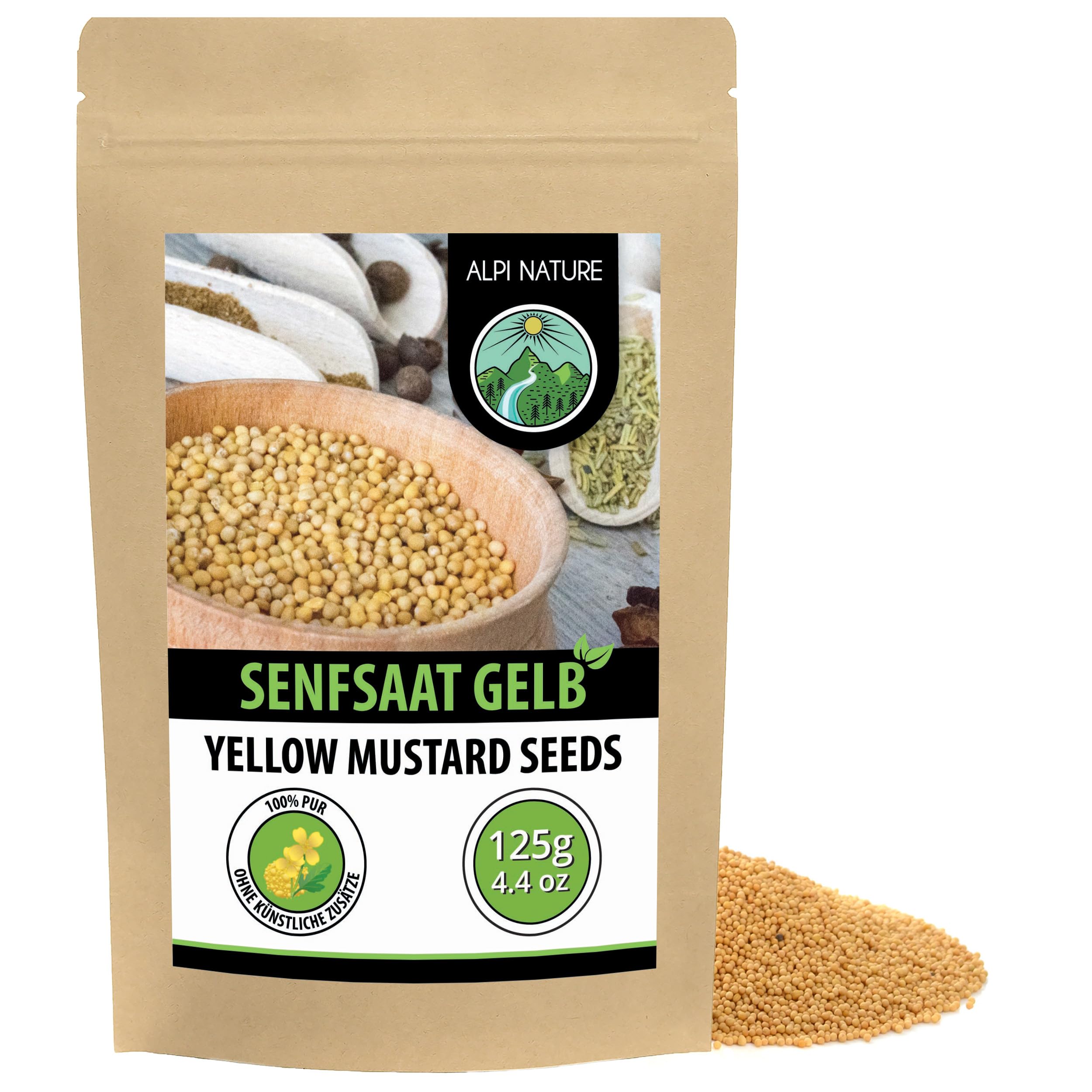 Alpi Nature Senfkörner gelb weiß 125g, Senfsaat gelb, gelbe Senfsamen, Senf zum Würzen und Kochen