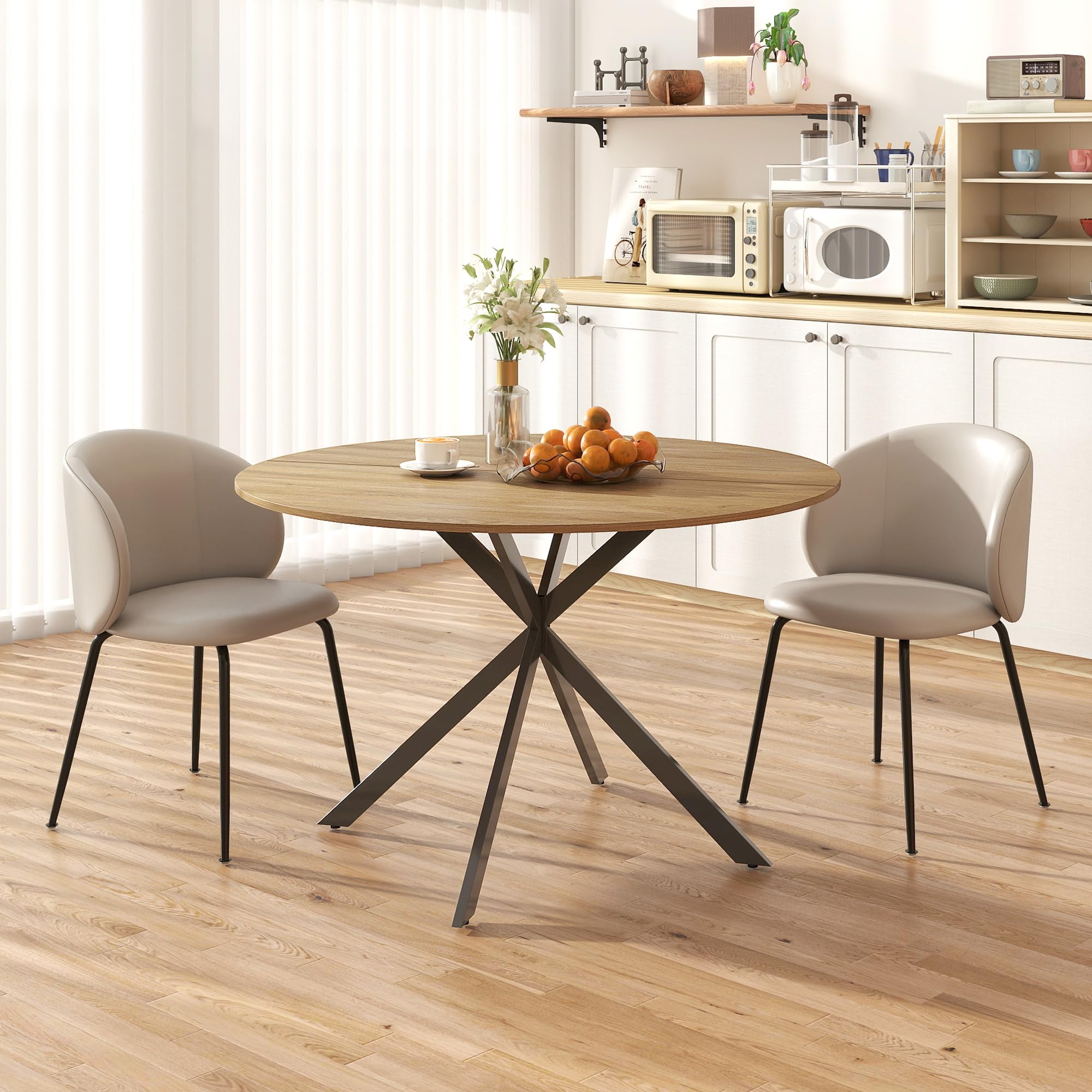 HOMCOM Table à Manger Ronde pour 4 Personnes Table de Cuisine 120 cm Style Industriel avec Plateau Aspect Bois et piètement croisé en Acier, chêne