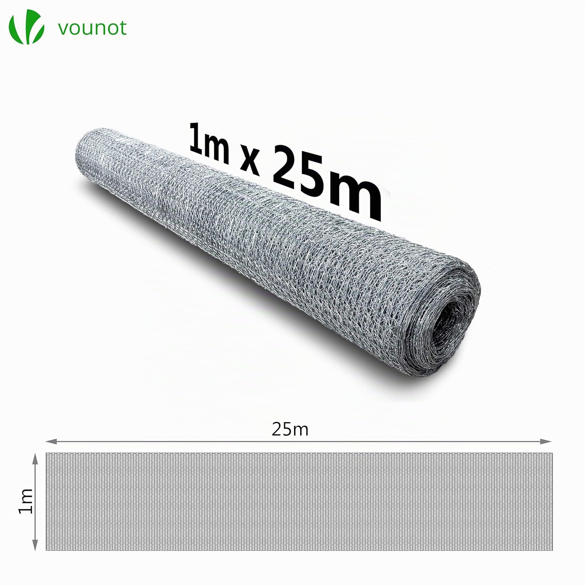 VOUNOT® Malla Metalica Hexagonal Galvanizado 25mm 100cm x 25m