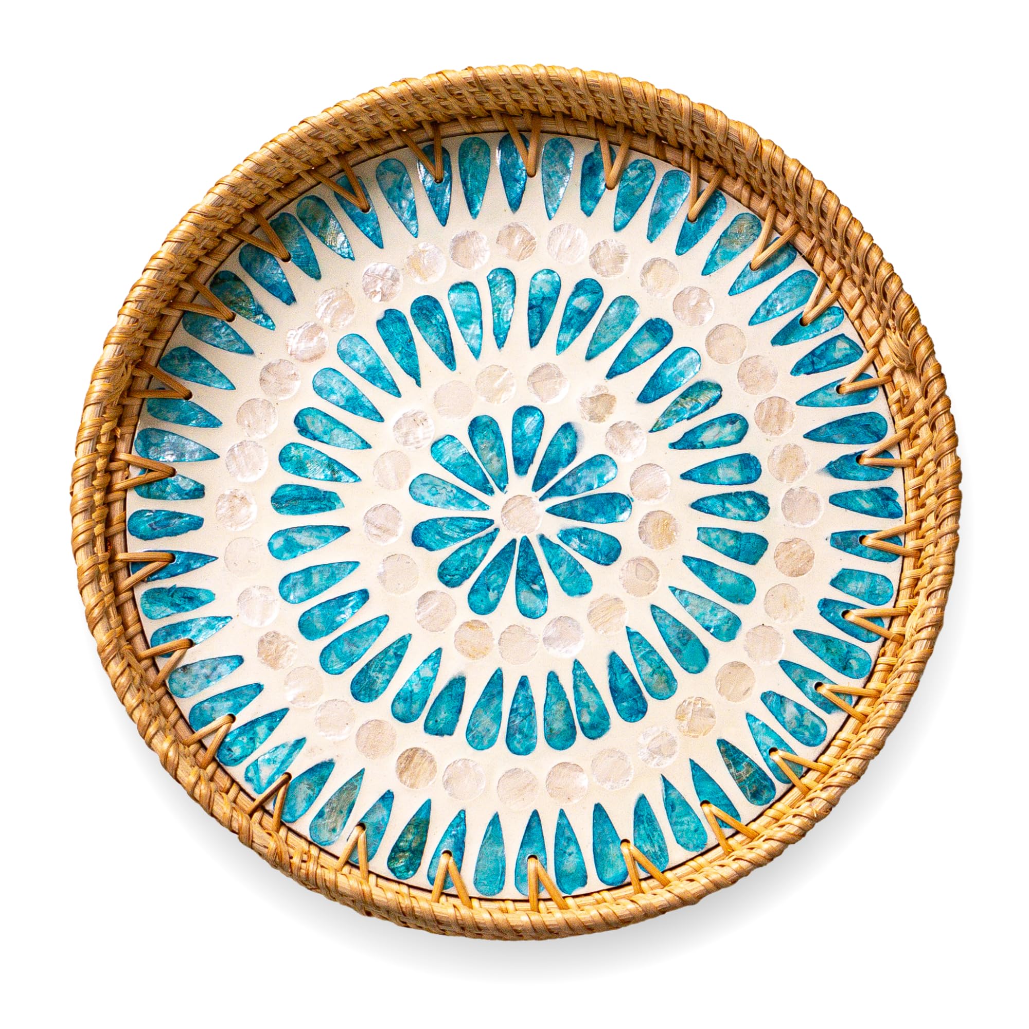 Jungle Culture Ripple Rattan Serving Tray 30 Cm/12" With Mother Of Pearl Inlay • Coastal Boho Collection • Handcrafted Woven With Handles For Home • Round Dining Table Tray • Wicker Serving Basket –