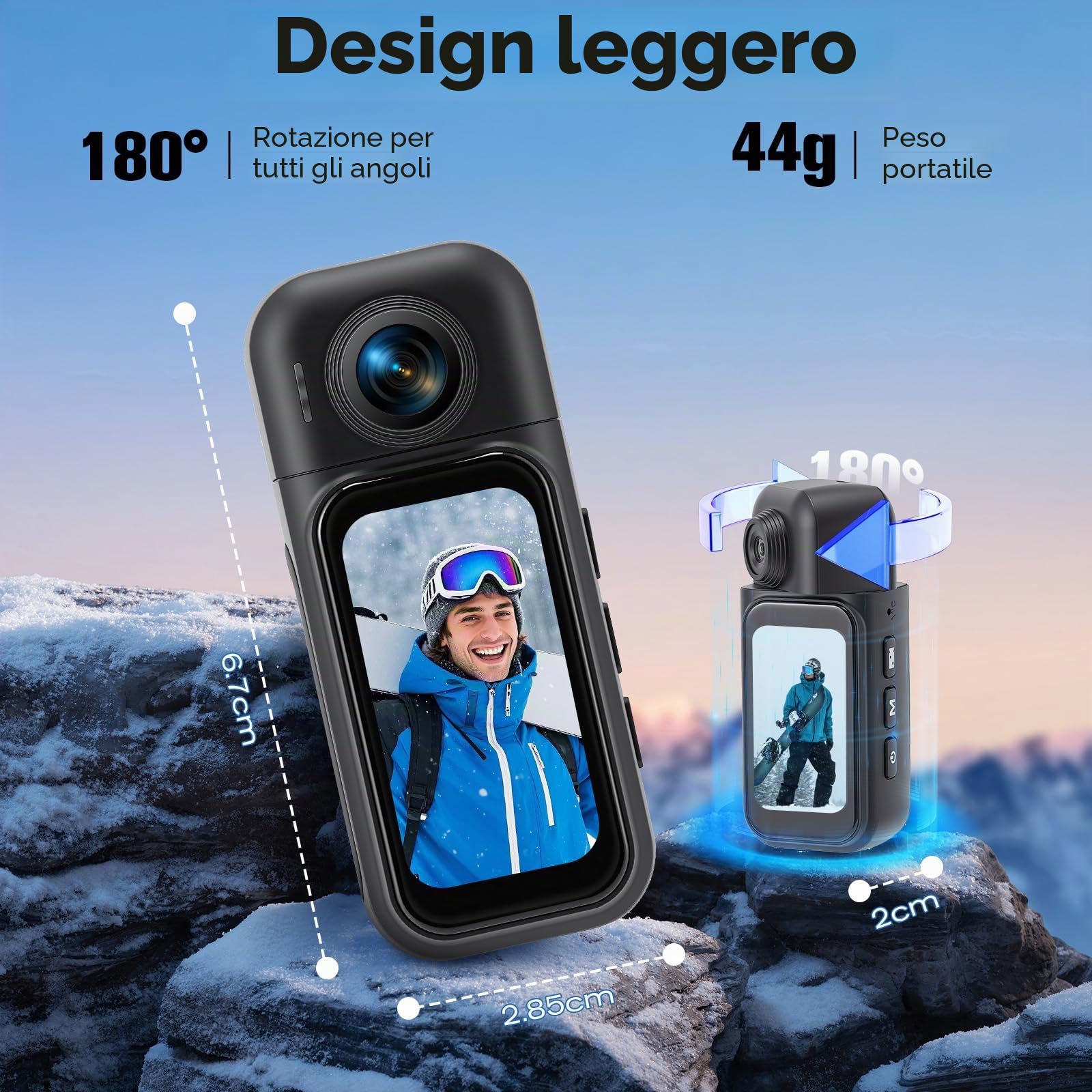 Mini Action Cam WiFi 1080P, 360°, 64 GB, fotocamera sportiva HD con obiettivo girevole a 180°, touch screen, POV a mani libere, fotocamera subacquea impermeabile fino a 30 m, fotocamera per casco e