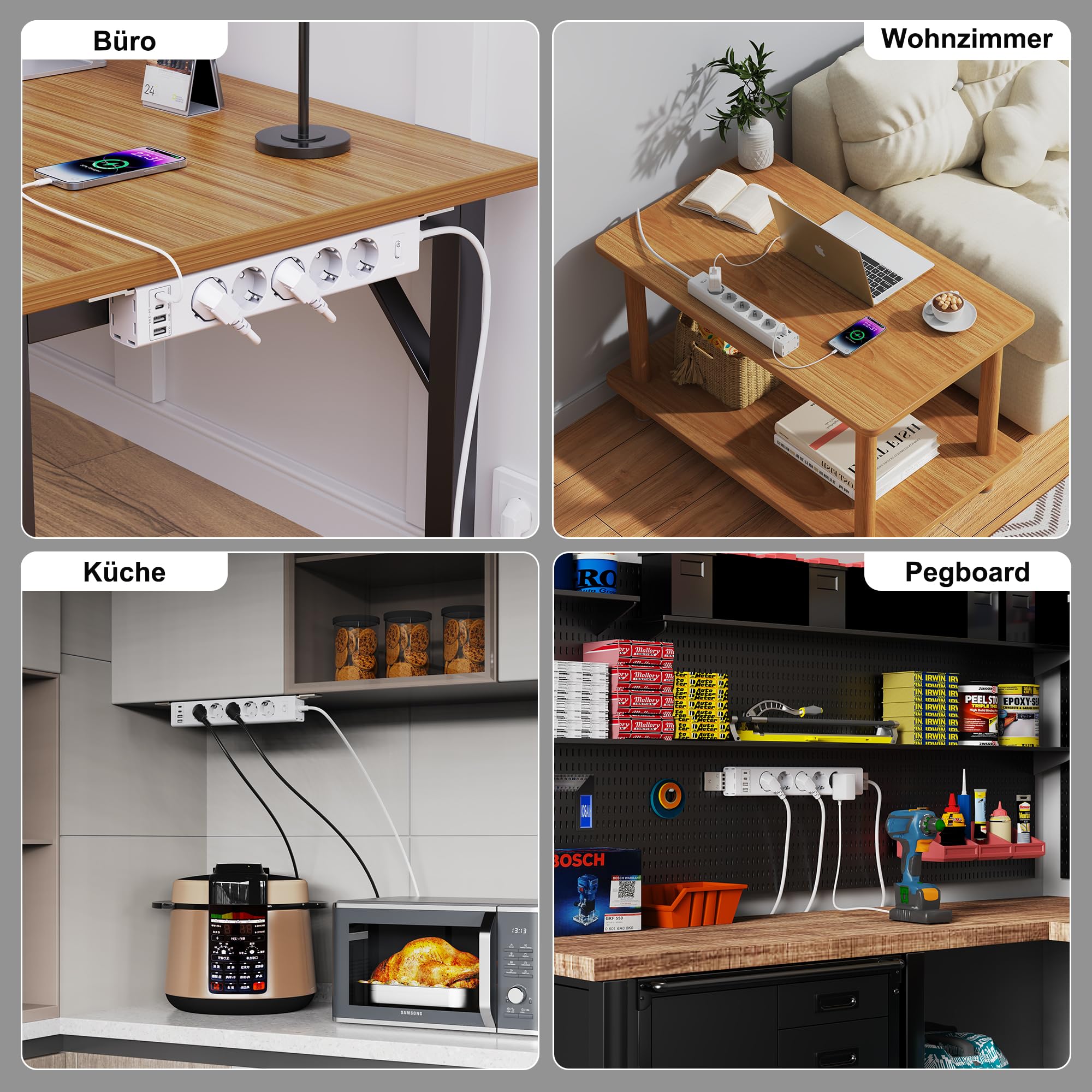 Ciabatta elettrica con 5 prese con porte USB, cavo da 2 m, colore bianco.