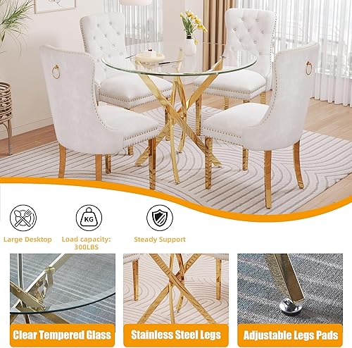 Miniatura 3 de Juego de mesa de comedor de vidrio Modehodei para 4, juego de mesa de cocina redonda de 5 piezas de vidrio templado con 4 sillas tapizadas