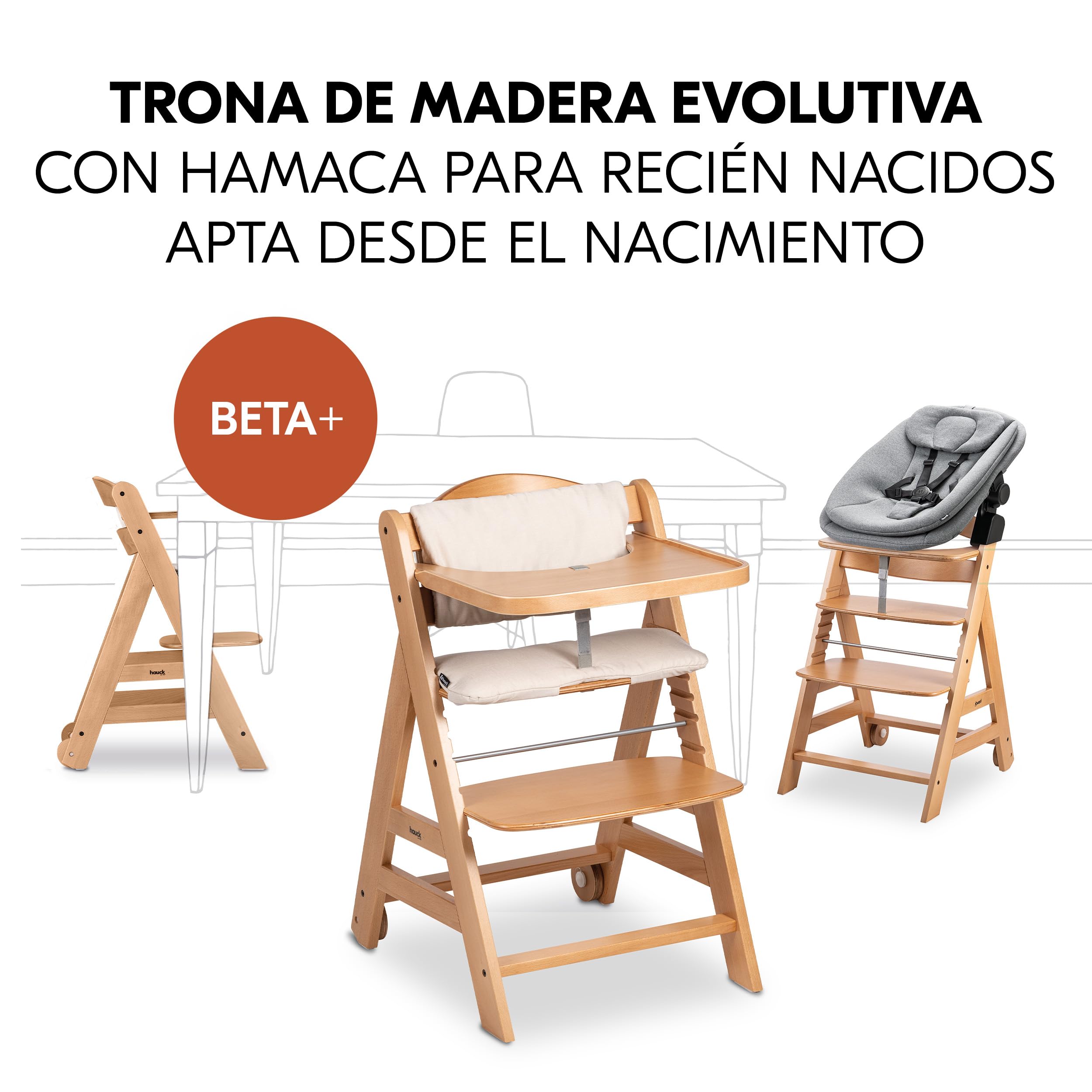 hauck Beta Plus Trona Bebé Newborn Set con Highchair Bouncer - Natural | Silla alta evolutiva con ruedas desde nacimiento | incl. Highchair Bouncer, bandeja y cojín