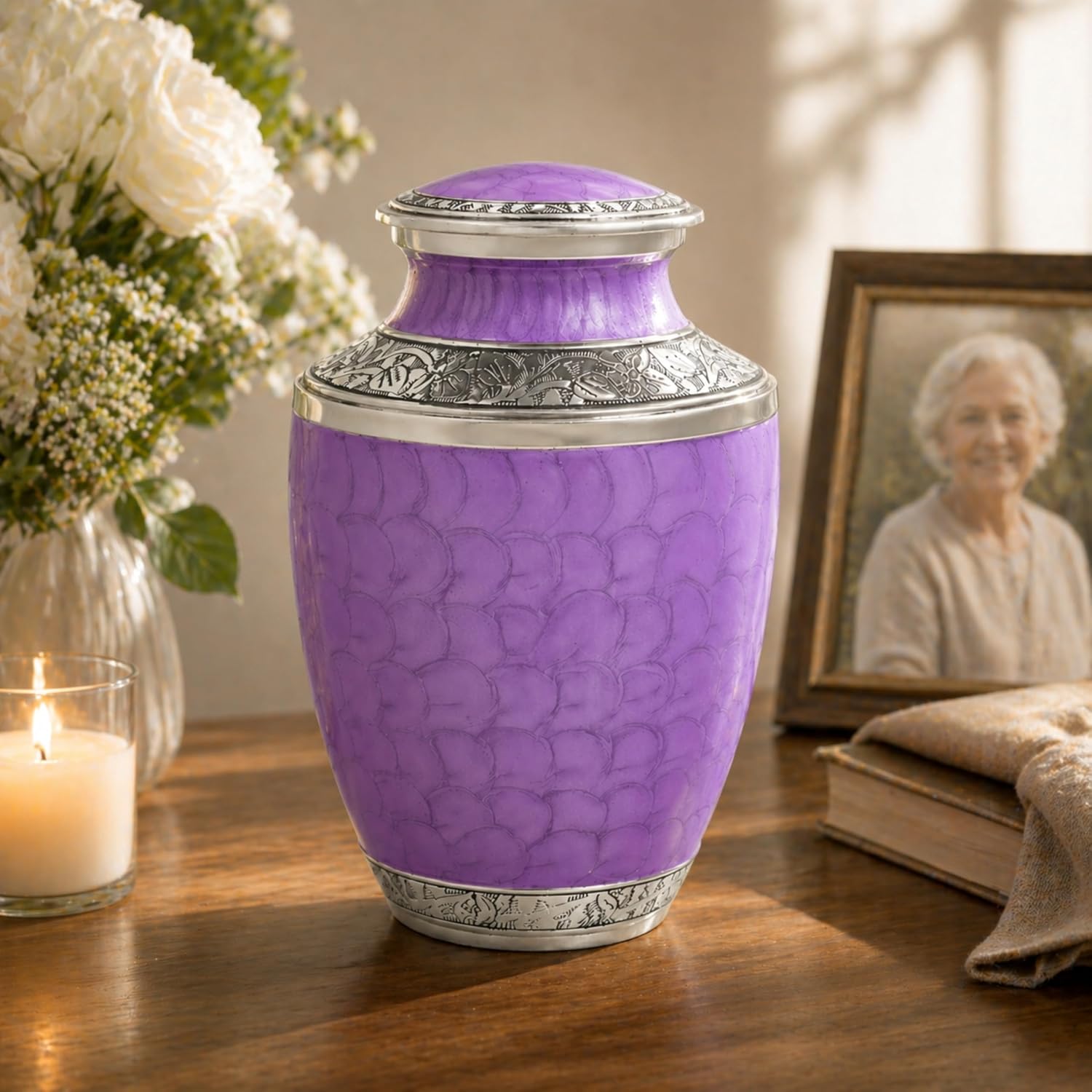 CLEENTABLE Urns Decorative Urns Memorial Funeral Urn with Secure Threaded Lid - Cremation Keepsake for Adult Human Ashes Men, Women, Decorative, Burial Urn, Funeral (Purple & Silver)