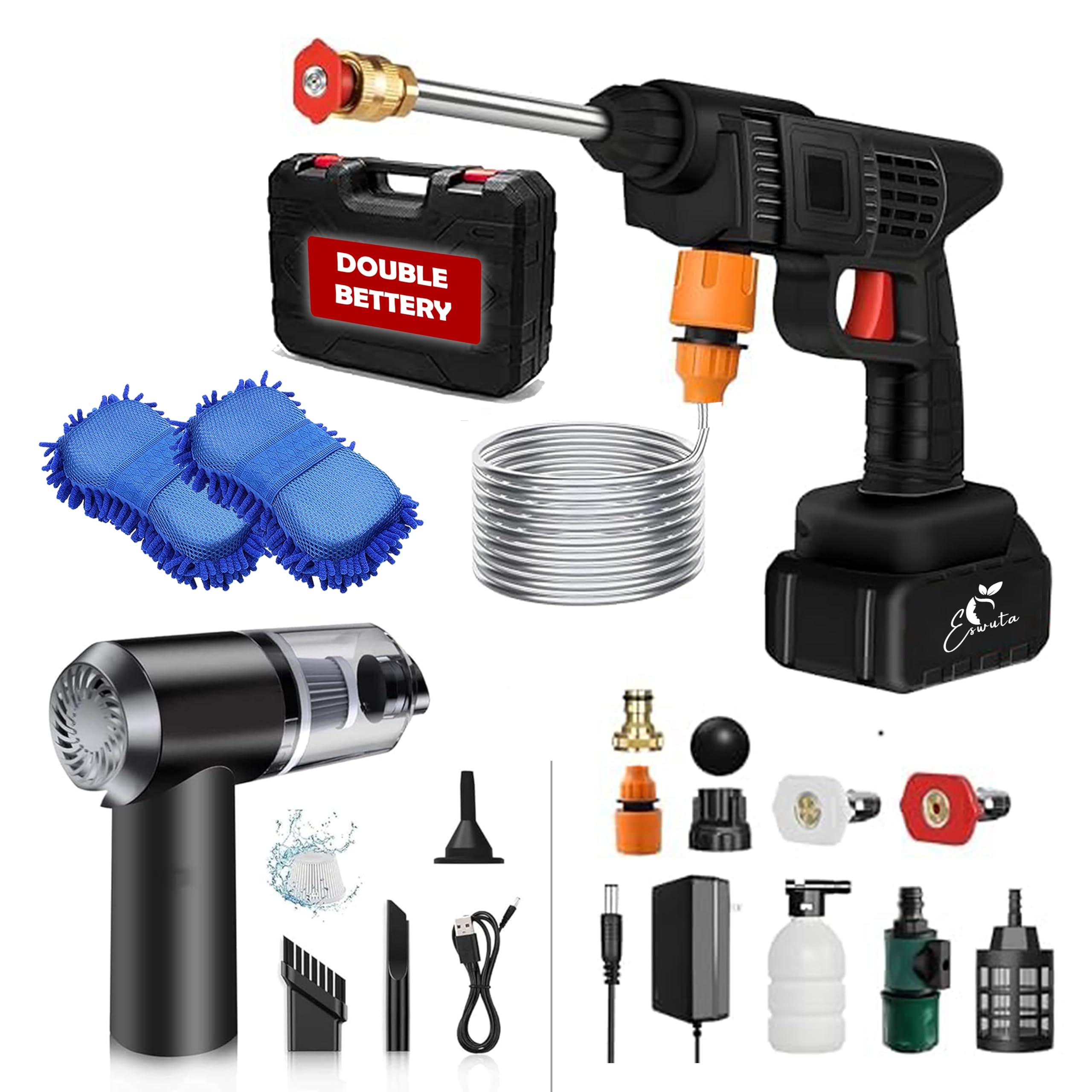 ESWUTA Cordless Portable Wireless Pressure Washer Gun 12000mah High Pressure Water Gun for Car Wash Bike Washing Cleaning| Adjustable Nozzle and 5M Hose Pipe (Pressure Gun + Vacuum + Gloves) (B0DGCSHLB4) Amazon Price History, Amazon Price Tracker
