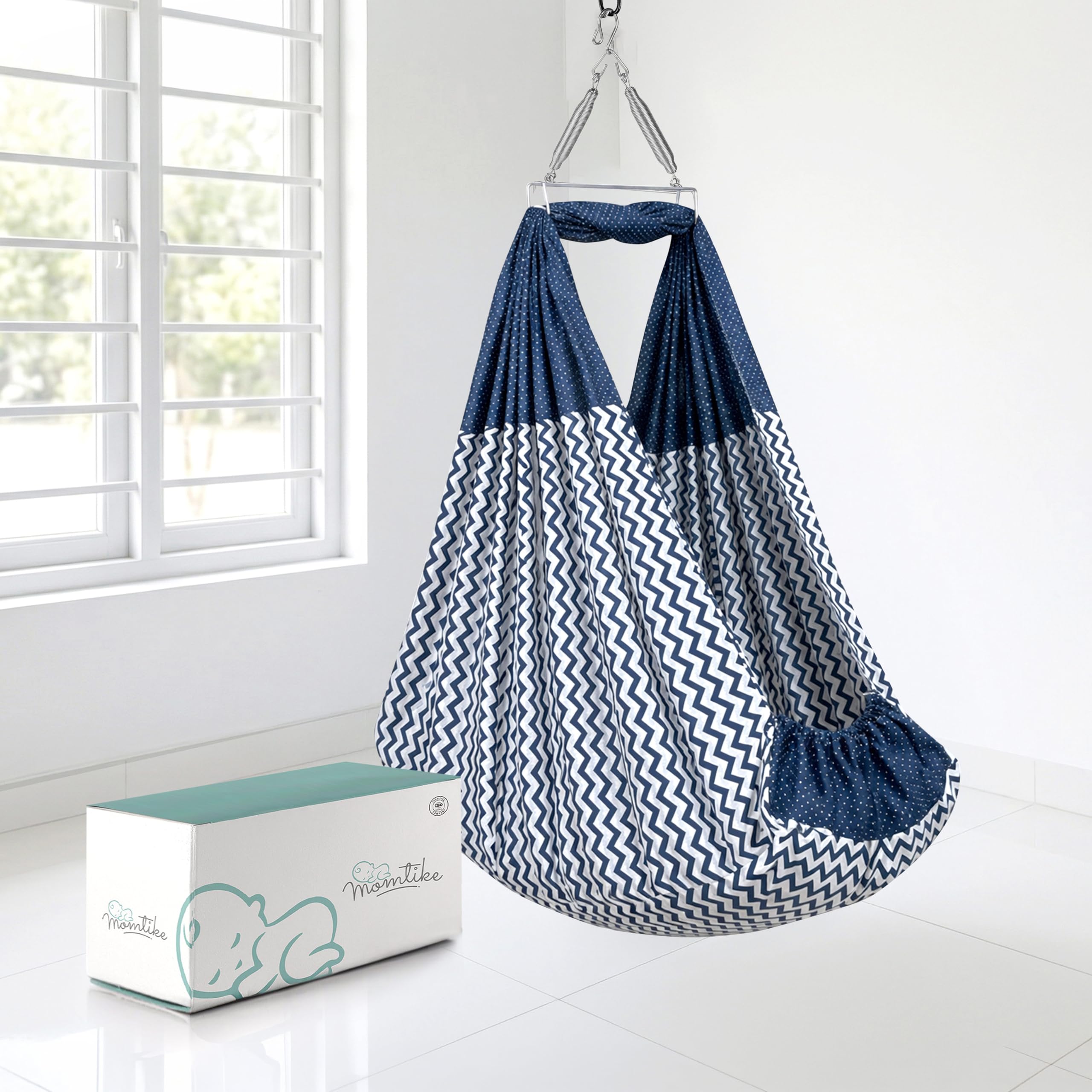 Baby Cradle Swing for Newborns | Cotton Fabric Filled with Recron Fibre | Hanger Spring, Mosquito Net & Mattress with Insert Pocket | Jhoola, Thottil, Joli, Jokali, Onjal-Lt Mehendi (Navy)-image-13