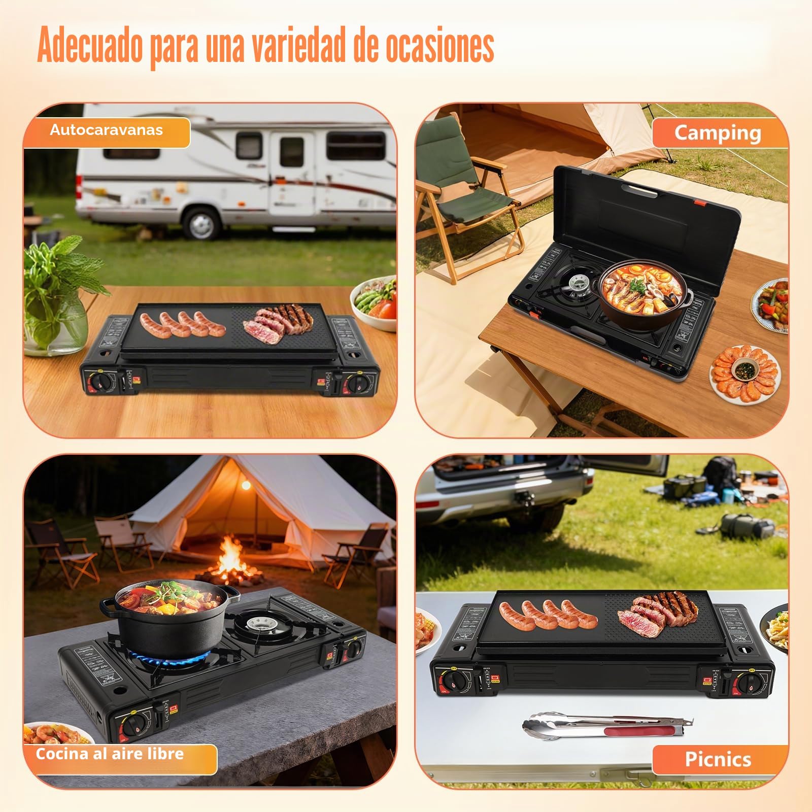 Hornillo de camping portátil de 2 quemadores de butano para exteriores, con placa para barbacoa, para picnic