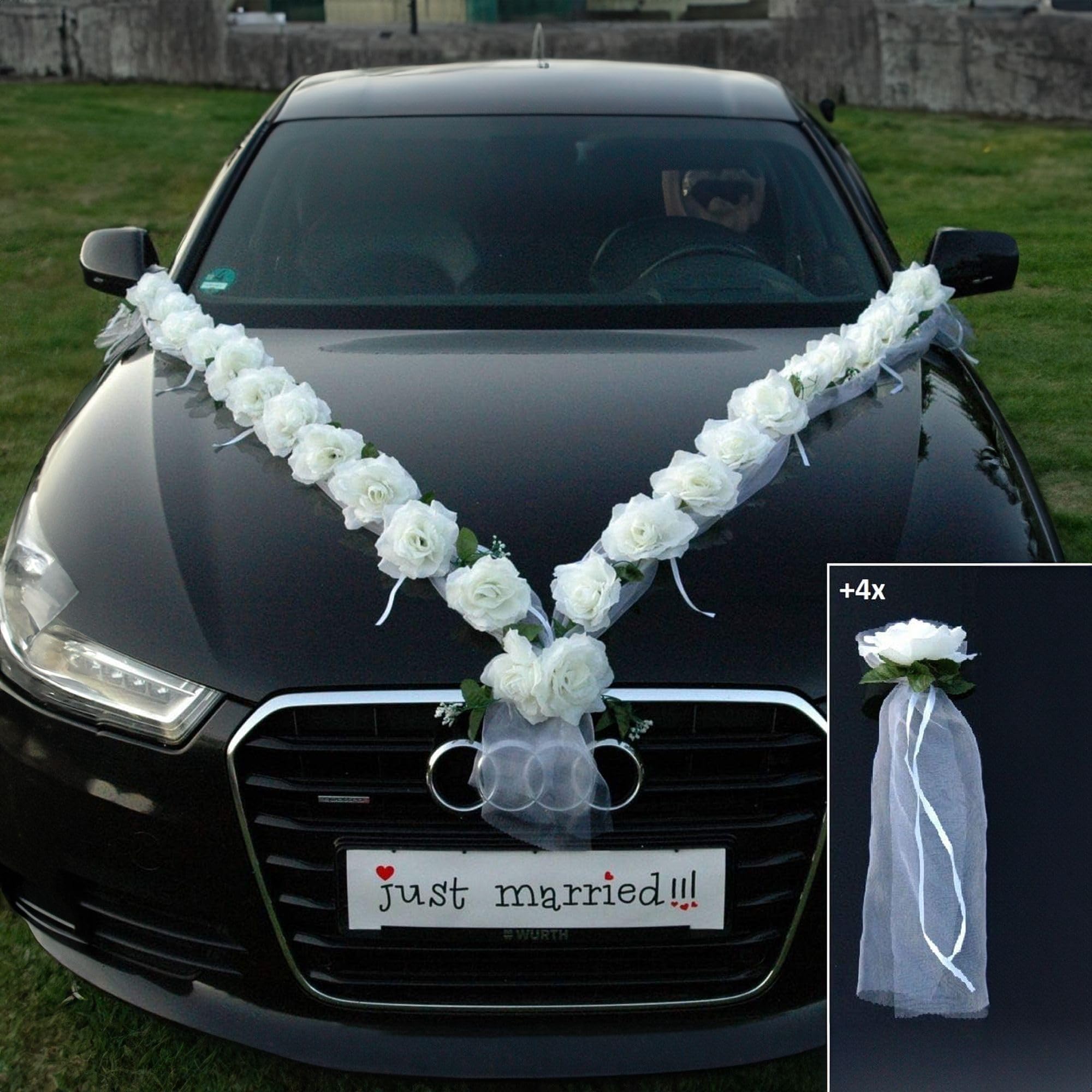 Rosen Girlande Braut Paar Rose Deko Dekoration Autoschmuck Hochzeit Car Auto Wedding ®Auto-schmuck Deko (Weiß/Weiß)