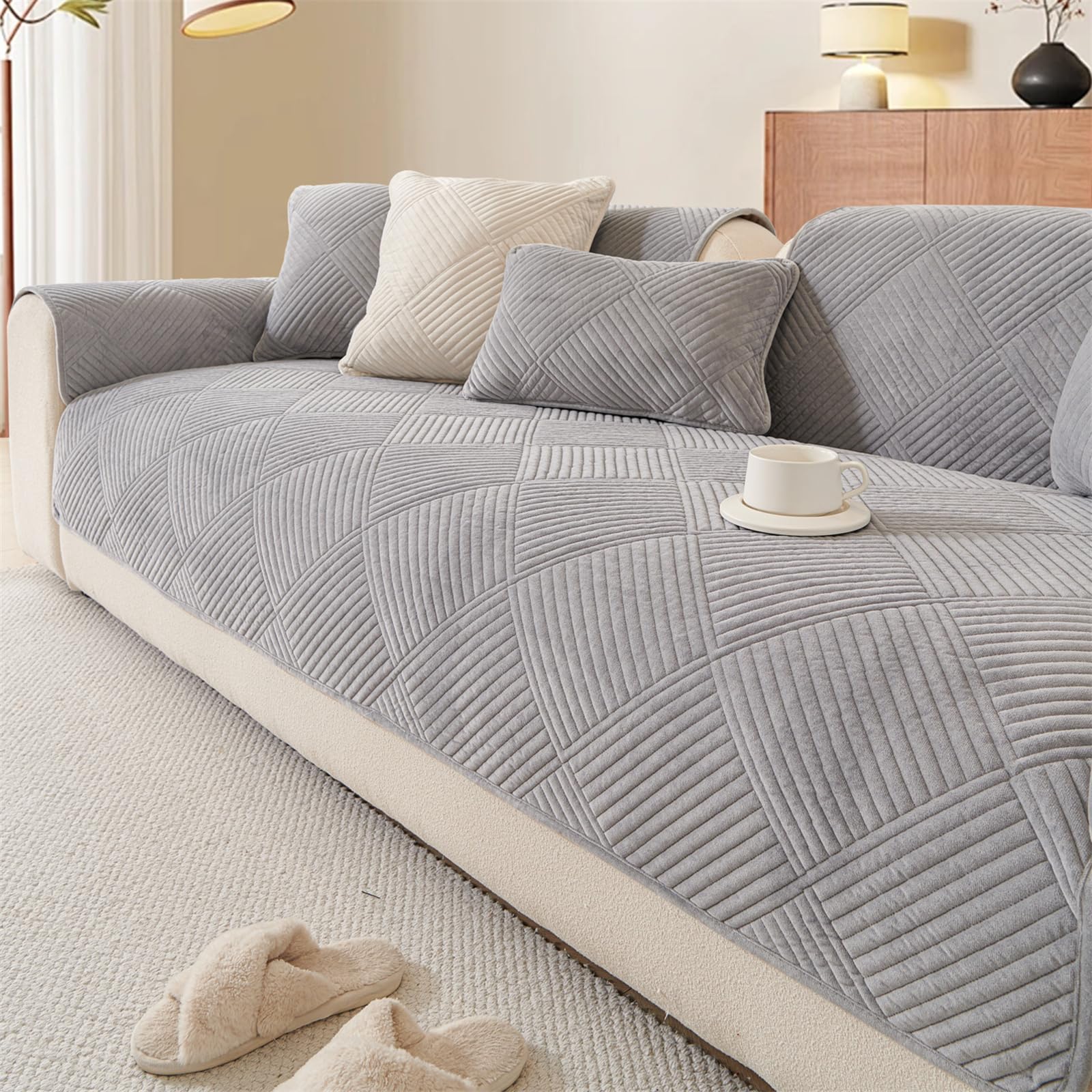 LINGKY Thick Sofa Covers Washable - Soft Milk Velvet Sofa Cover 2 3 4 Seater, Non-Slip Sofa Slipcovers, Sofa Cushion Covers Pet Couch Covers Furniture Protector for Living Room, Light Grey,70x210cm