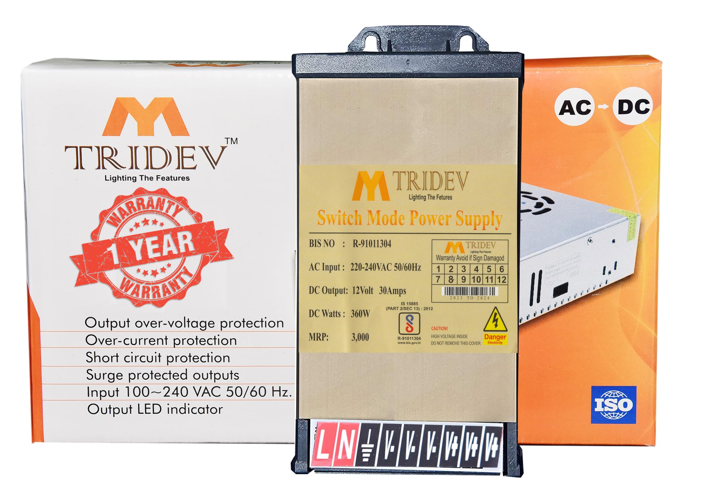 TRIDEV TRADERS RAIN Proof 12V 30A 360W DC Switching Switch Power Supply for Power SupplyStrip, CCTV, 12Volt 30Amp (by My TRIDEV)(6 Month Warranty)