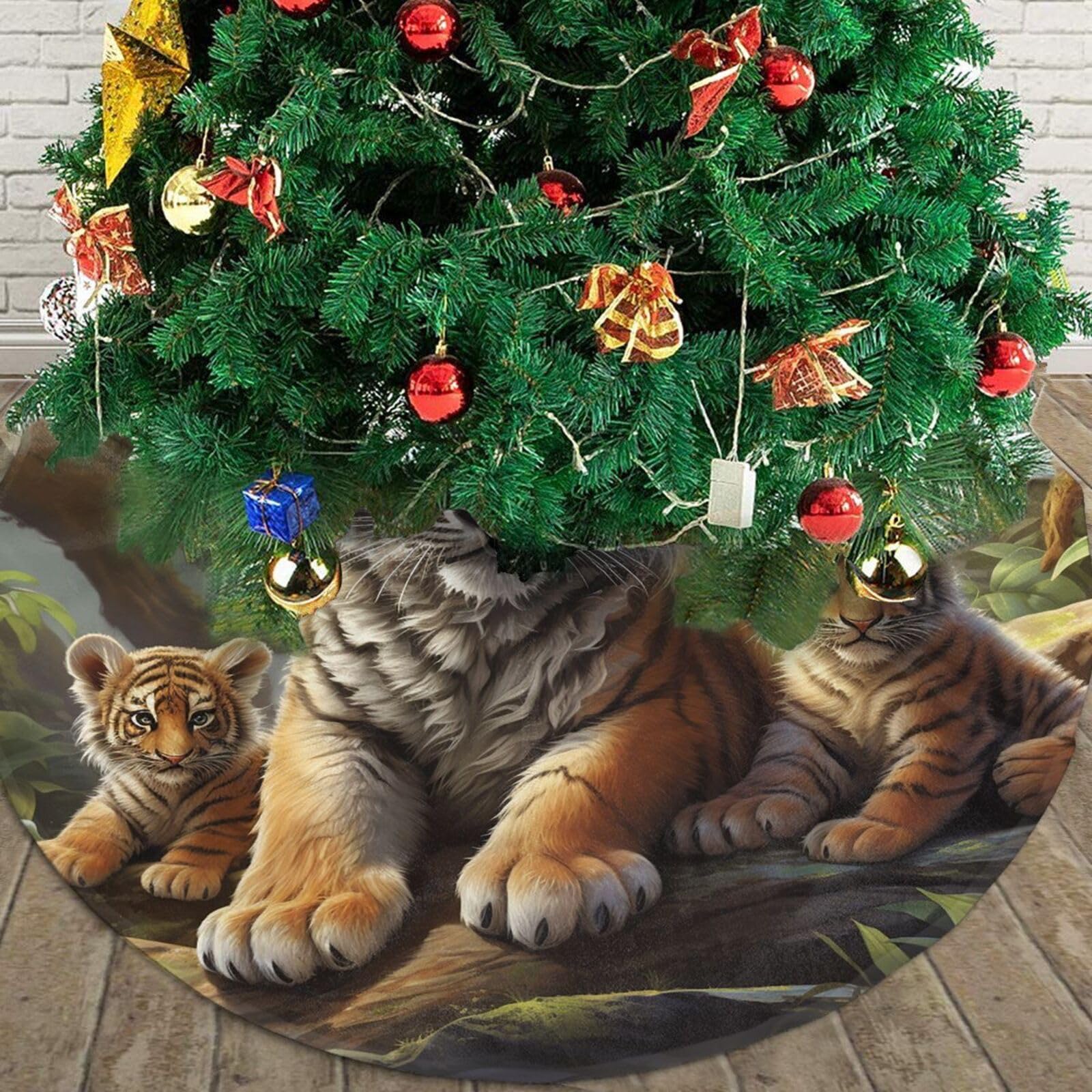 Jungle Tigers Cub Christmas Tree Skirt 48" Plush Soft Artificial Tree Mat Cover Merry Christmas Xmas Tree Skirt for Christmas Decoration Holiday Indoor Outdoor Winter Party Decor