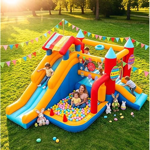 Bounce House for Kids 3-10, 9 in 1 Large Inflatable Bounce Castle for Toddlers Outdoor for Backyard Lawn Jump Bouncy House with Blower, Slide, Ball Pit, Basketball, Boxing, Climbing, 11.38x10.2FT