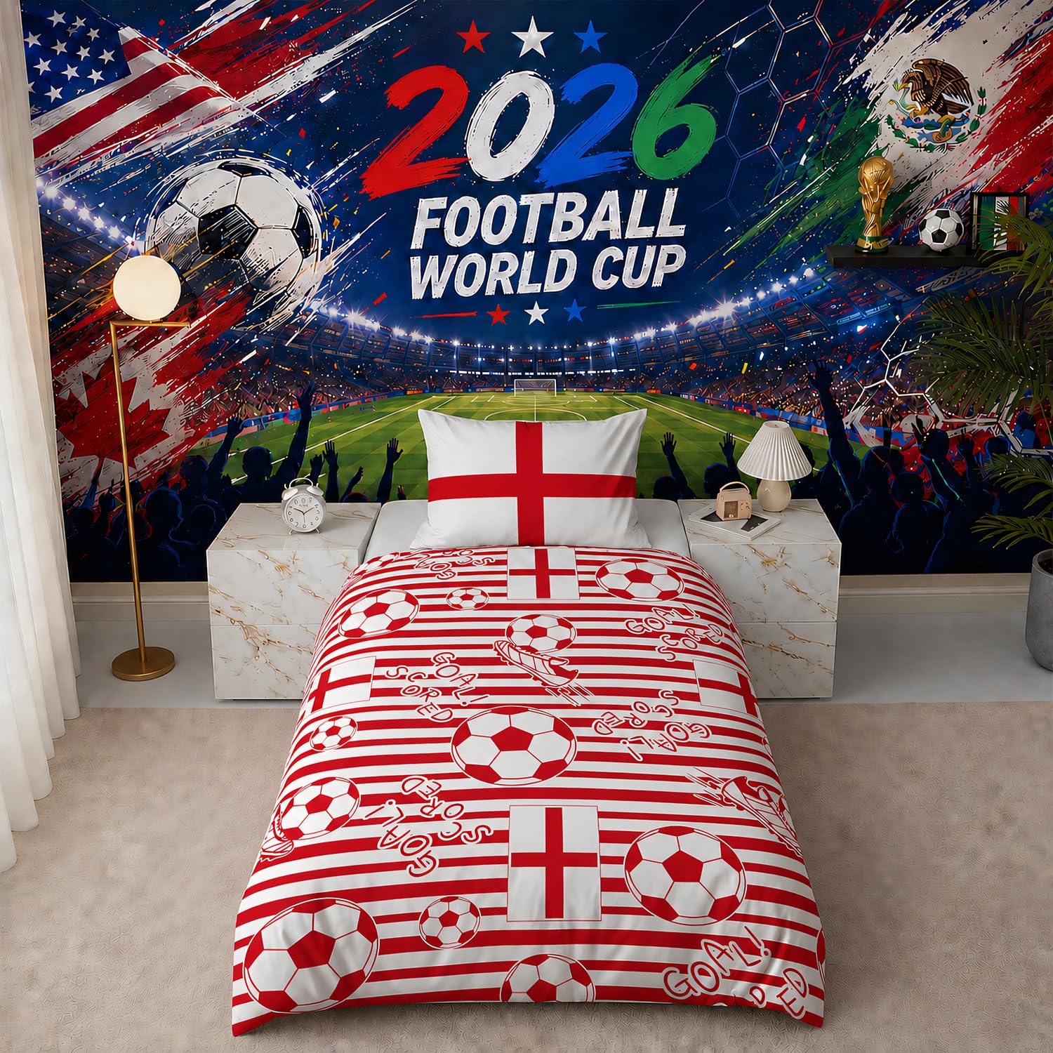 Football Duvet Cover Set Single Bed – Kids St George's Cross Bedding, Soft Easy Care Quilt Cover & Pillowcase, Red White Football Gift for Boys Girls Teens, 2026 Tournament (Red, Single)