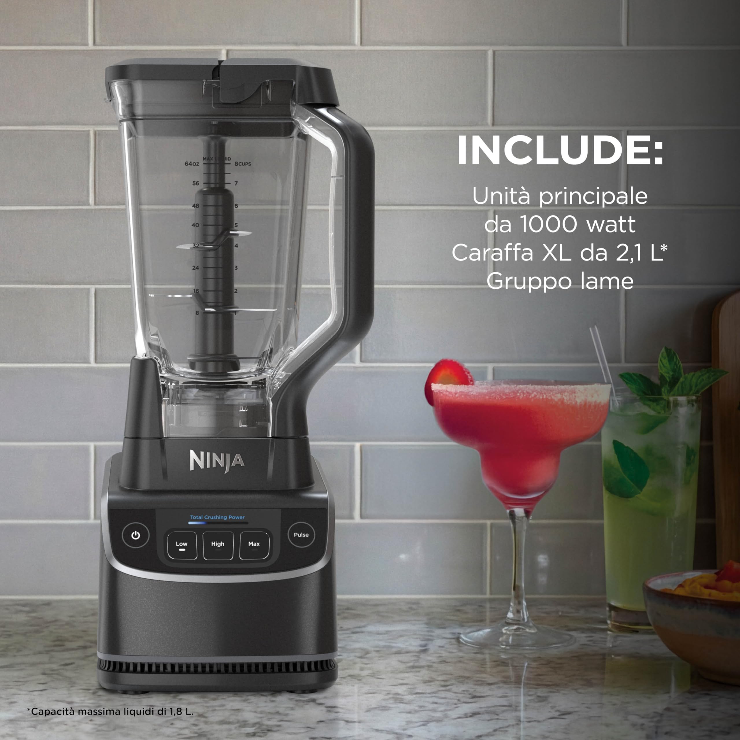 Ninja UltraCrush Frullatore con caraffa, 3 velocità, modalità manuale Pulse (Impulsi), caraffa capiente con capacità massima di 1,9 L, per preparare smoothie, salse e altro ancora, nero BP201EU