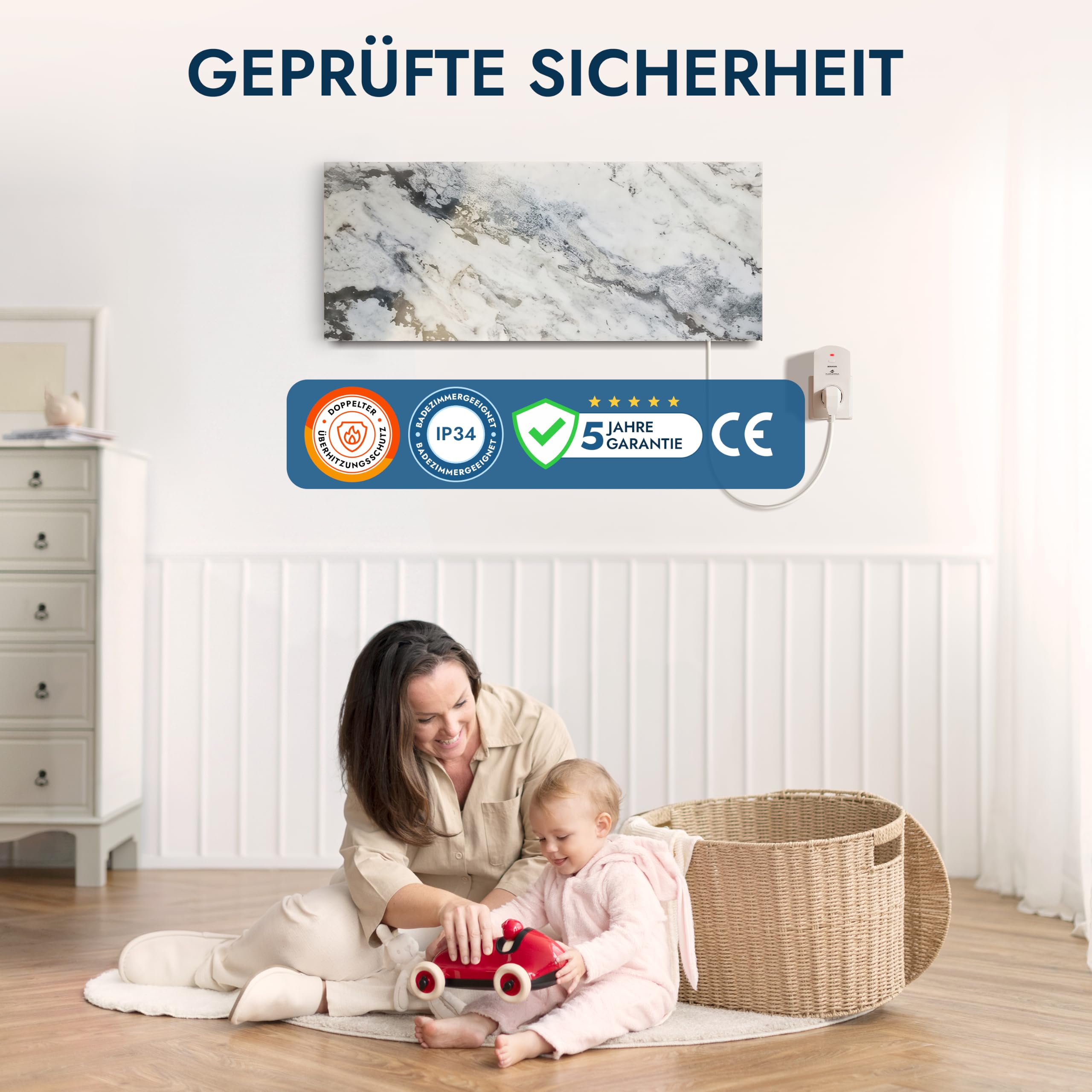 Naturstein Infrarotheizung 800 Watt Qarama - Massive Wandheizung aus echtem Marmor - Elektroheizung mit Digitalthermostat, lautlos, 100x40 cm - Made in Germany