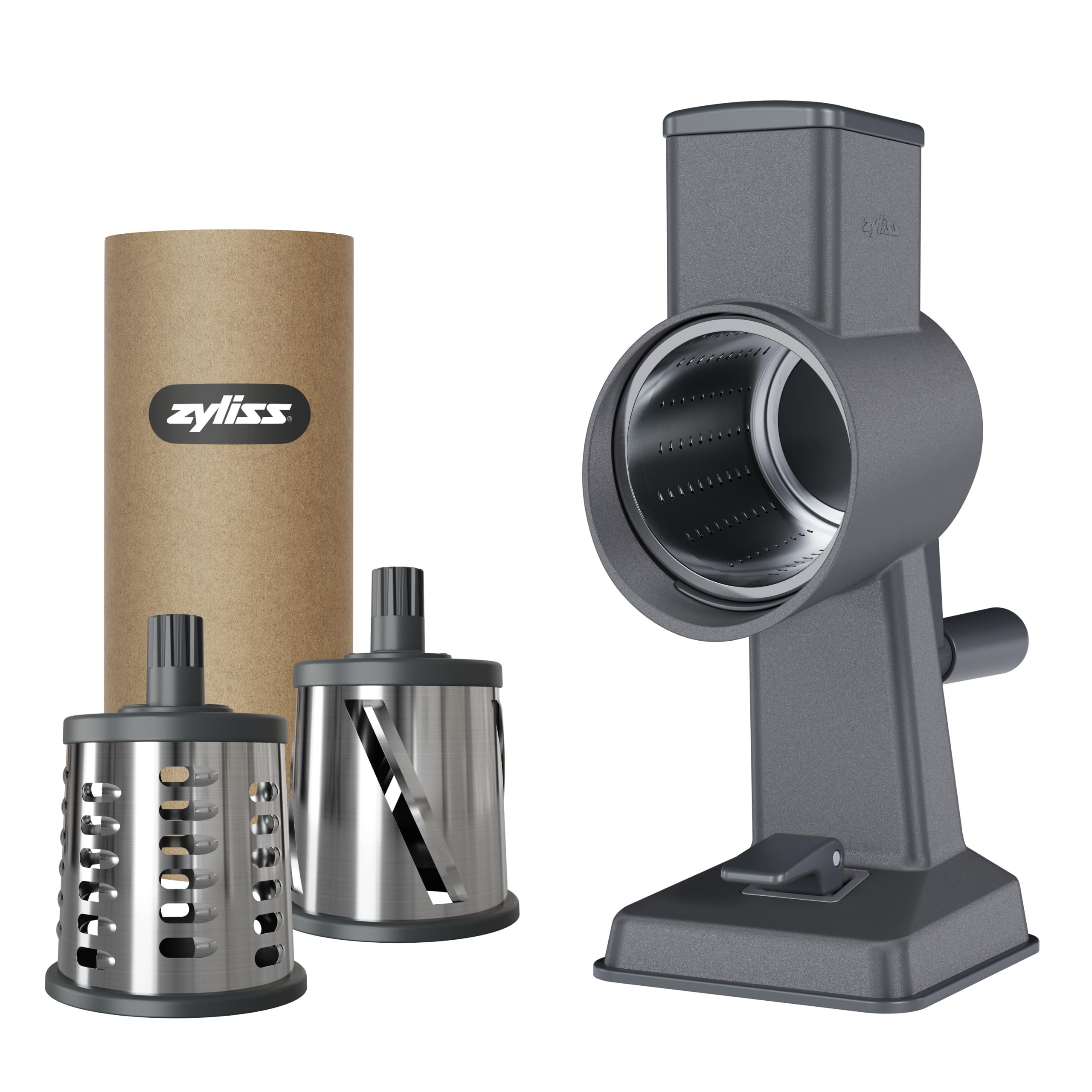 Rotary Cheese Grater, Aluminium, 3 Steel Drum Blades, Cheese, Vegetable, Chocolate, Nut, Fruit Grater with Handle, Non-Slip Suction Foot and Table Clamp