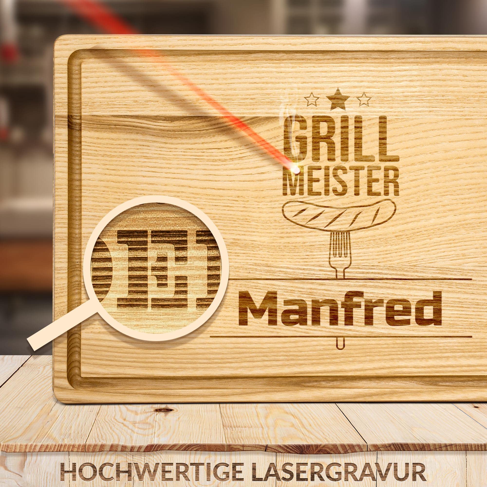Großes Holzbrett mit Gravur - Schneidebrett personalisiert mit Name - Geschenk für Grillmeister | Eschenholz, 40 x 25 x 2 cm, personalisiertes Geschenk mit Gravur